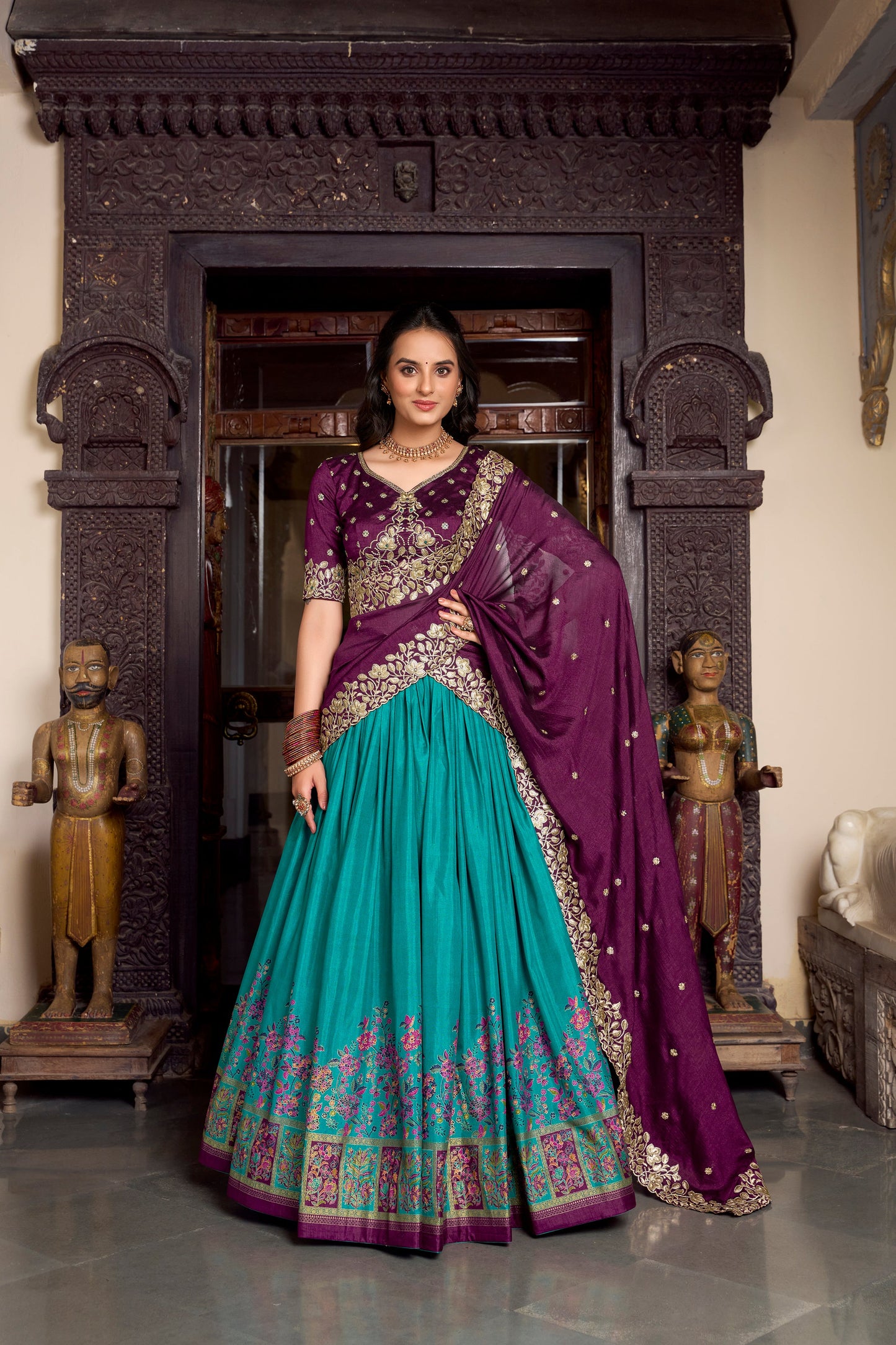 Lorenvalley Firozi Tussar Silk Printed With Foil Work Lehenga Choli with Dupatta | Swadesiicart