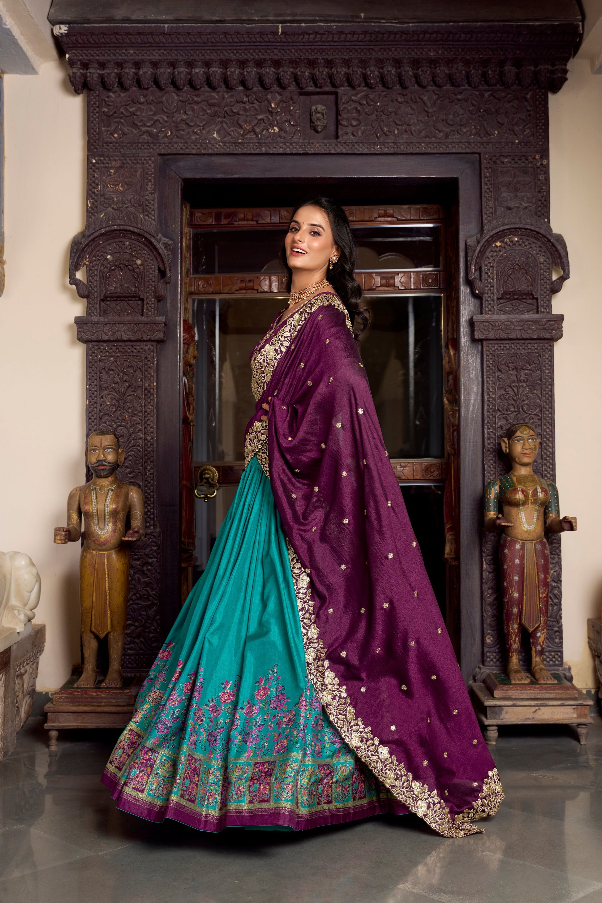 Lorenvalley Firozi Tussar Silk Printed With Foil Work Lehenga Choli with Dupatta | Swadesiicart