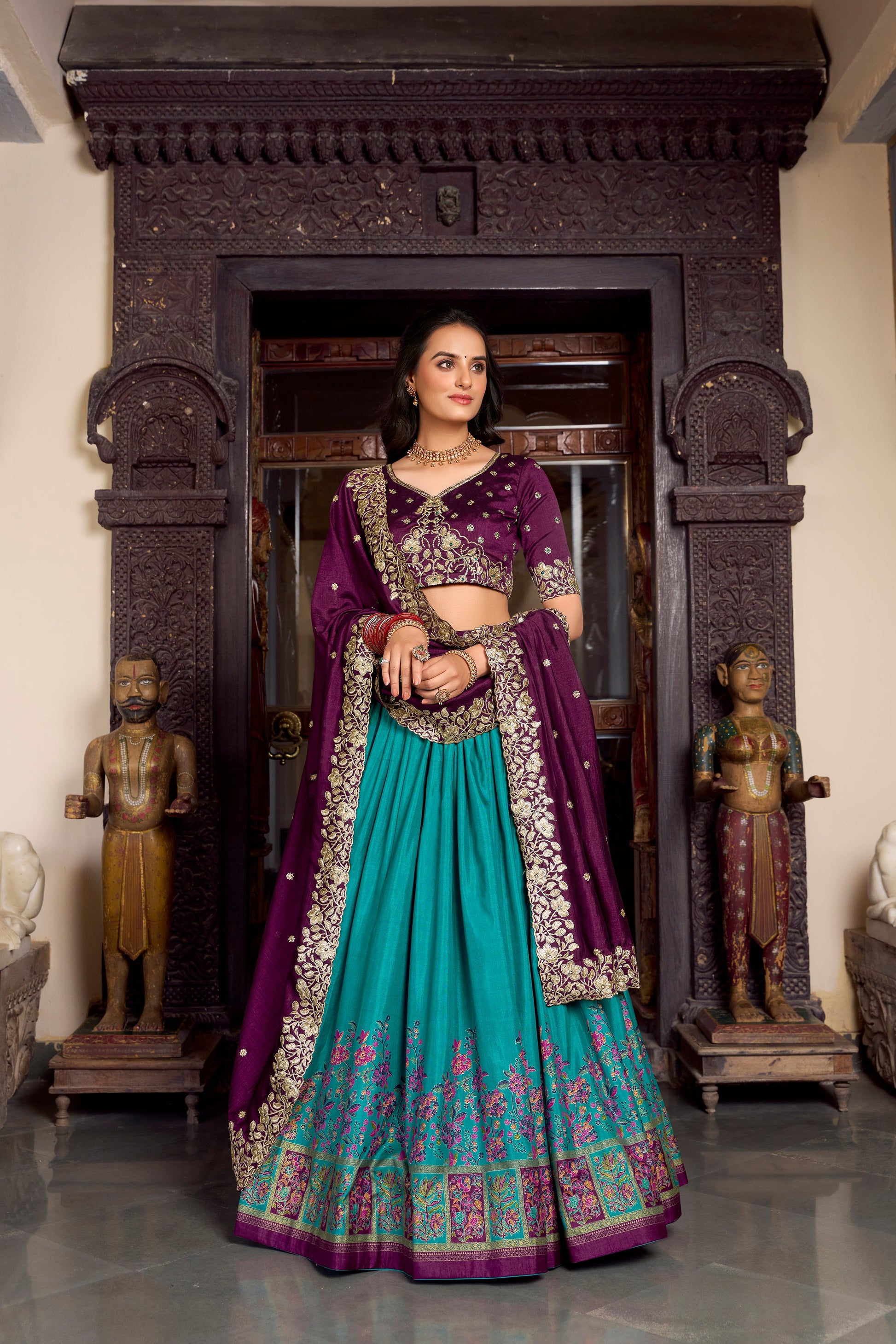 Lorenvalley Firozi Tussar Silk Printed With Foil Work Lehenga Choli with Dupatta | Swadesiicart