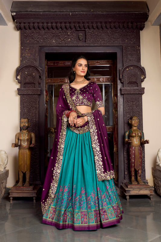 Lorenvalley Firozi Tussar Silk Printed With Foil Work Lehenga Choli with Dupatta | Swadesiicart