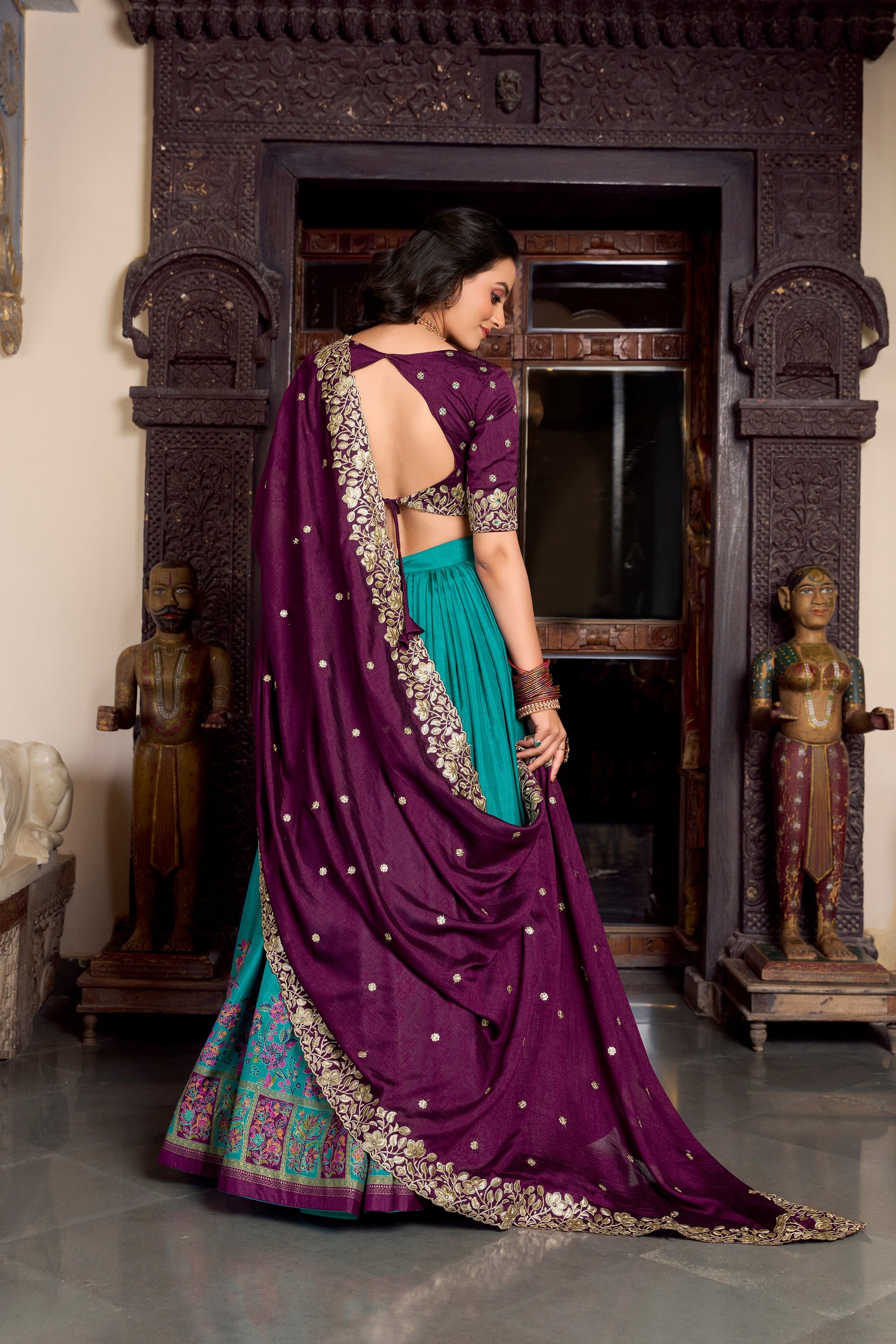 Lorenvalley Firozi Tussar Silk Printed With Foil Work Lehenga Choli with Dupatta | Swadesiicart