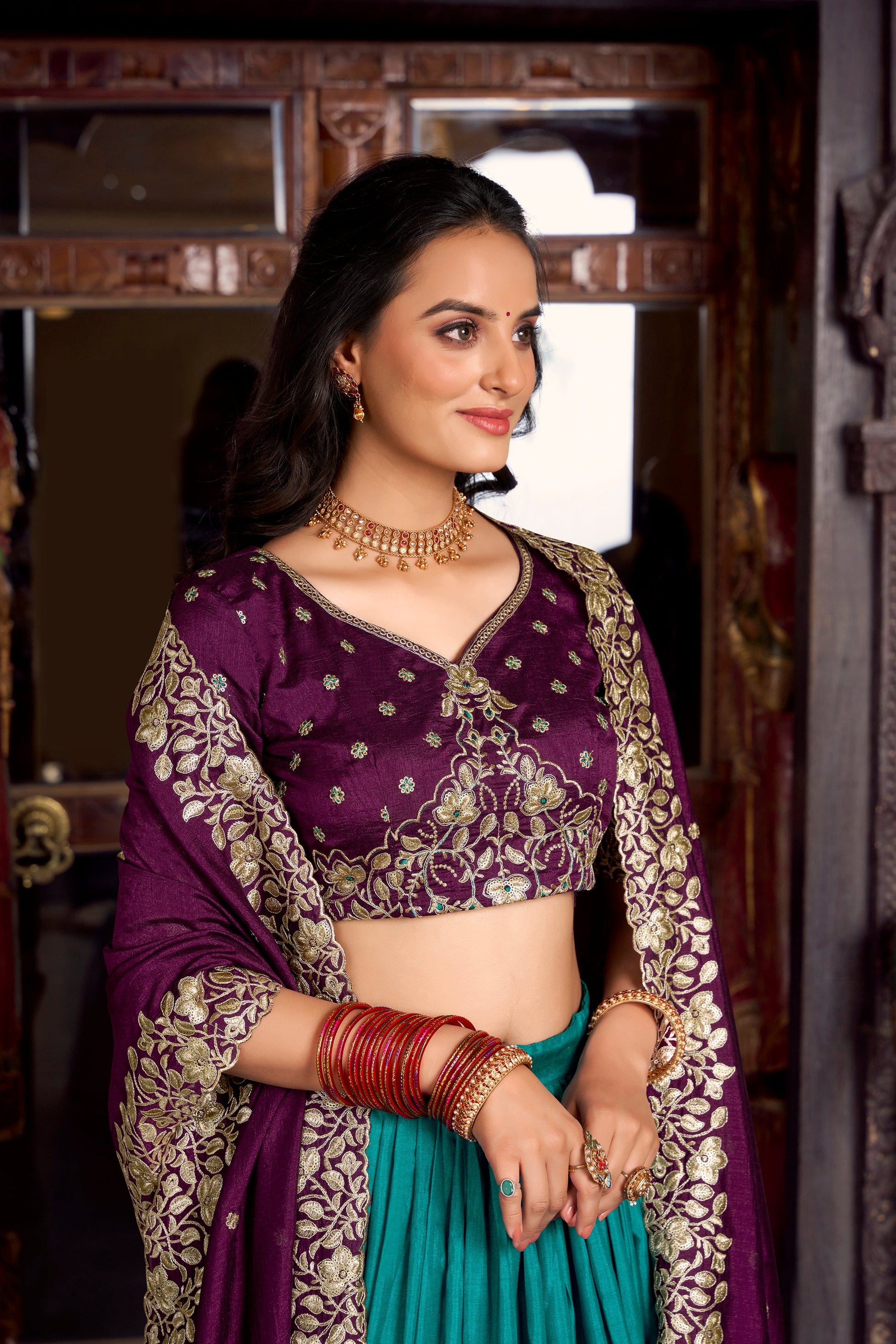 Lorenvalley Firozi Tussar Silk Printed With Foil Work Lehenga Choli with Dupatta | Swadesiicart