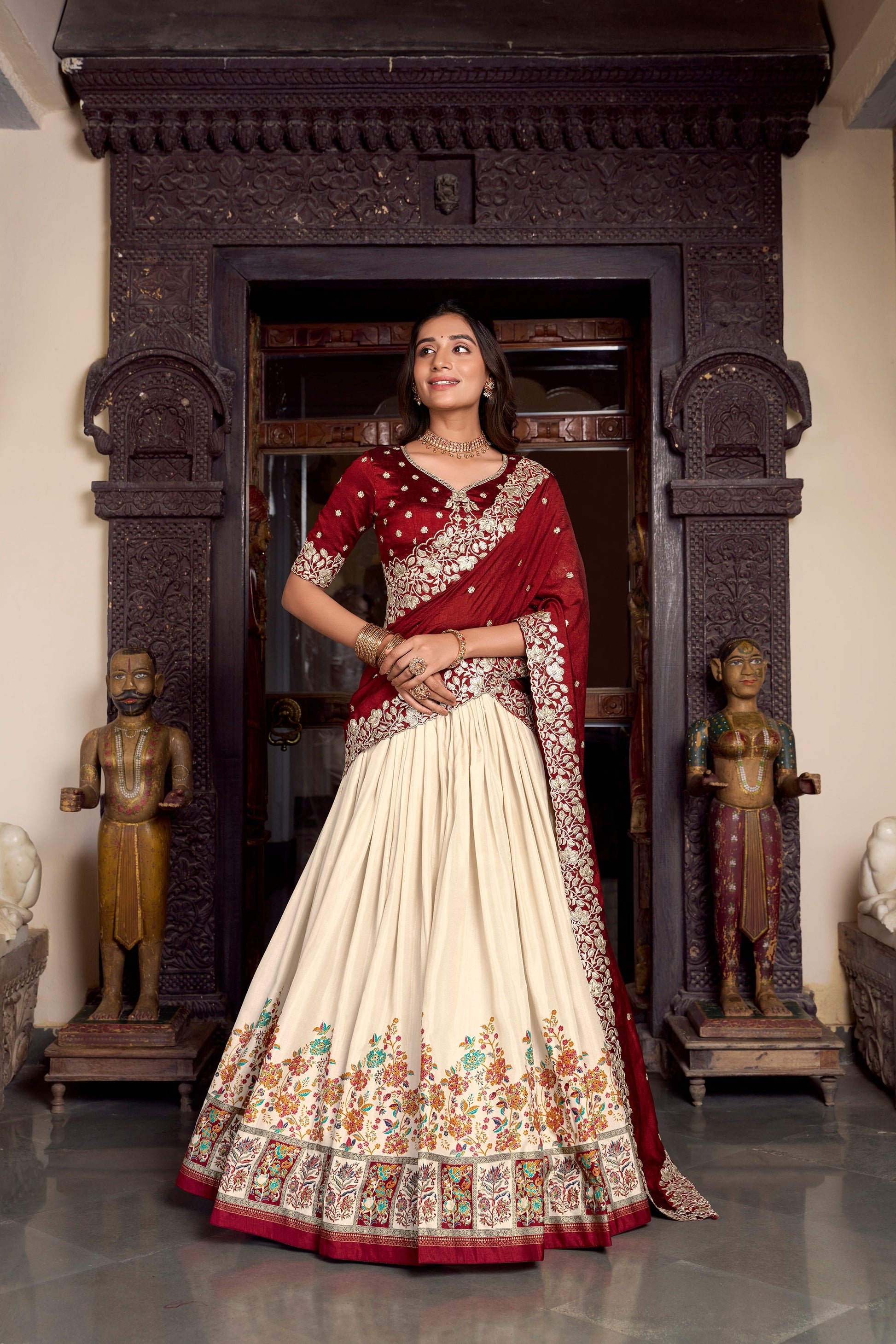 Lorenvalley Off White Tussar Silk Printed With Foil Work Lehenga Choli with Dupatta | Swadesiicart