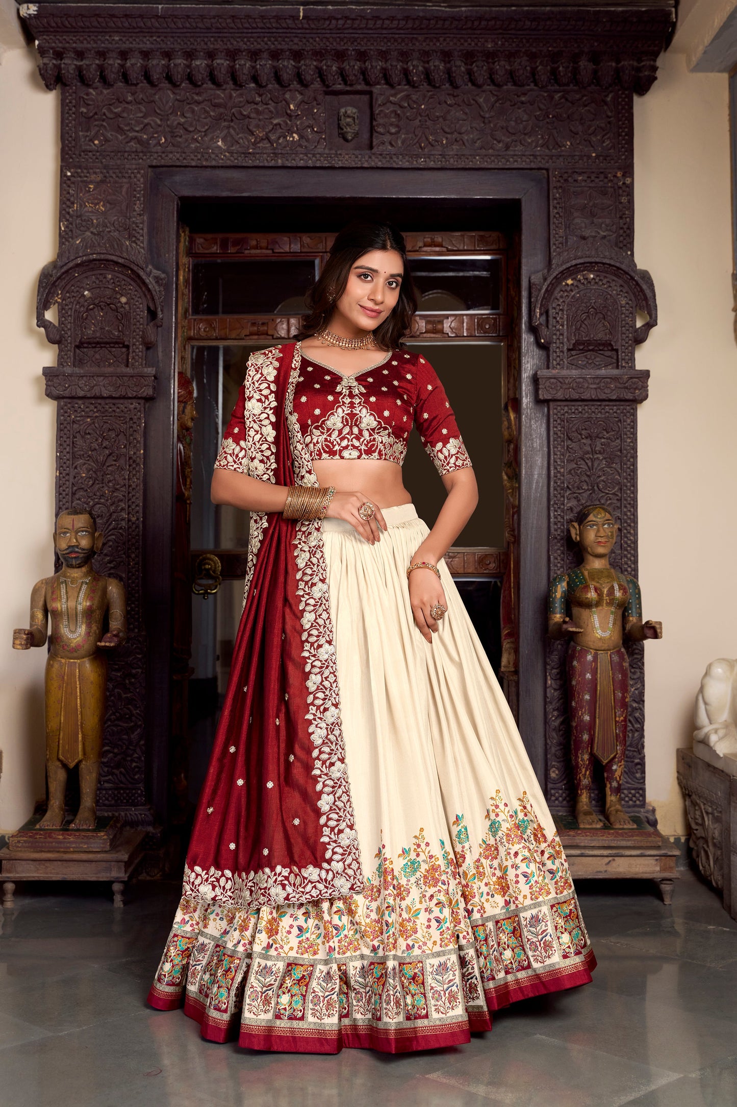 Lorenvalley Off White Tussar Silk Printed With Foil Work Lehenga Choli with Dupatta | Swadesiicart