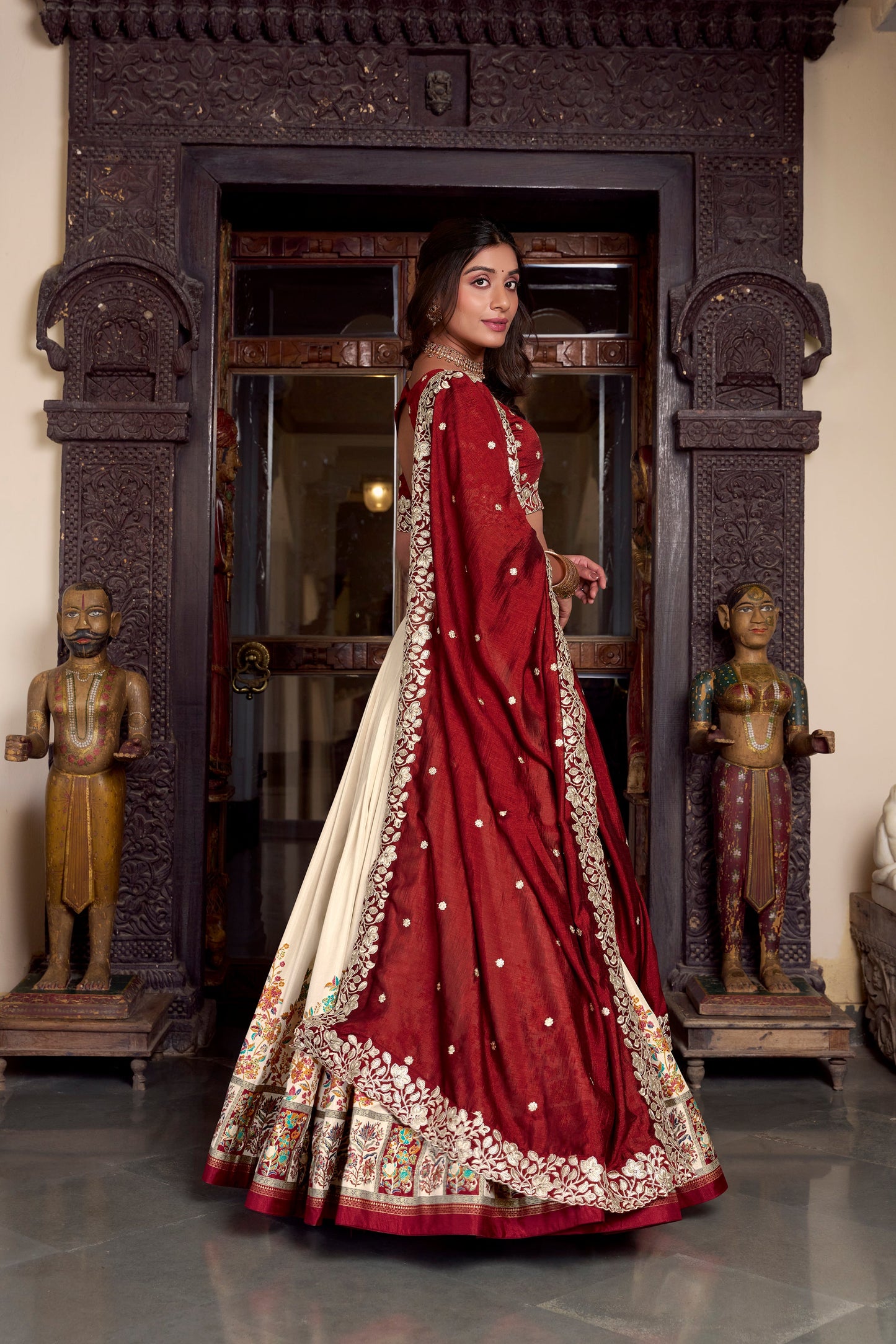 Lorenvalley Off White Tussar Silk Printed With Foil Work Lehenga Choli with Dupatta | Swadesiicart