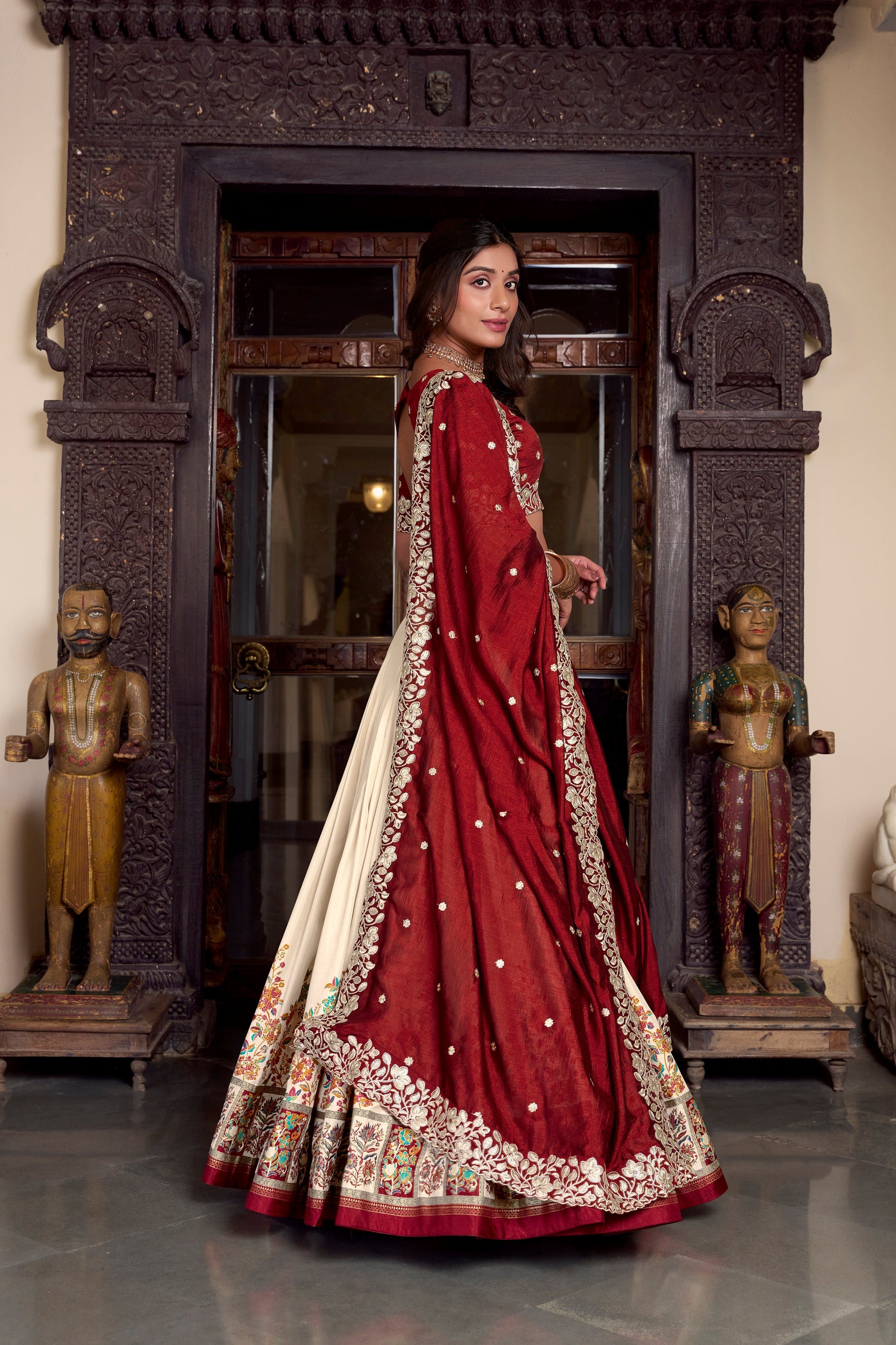 Lorenvalley Off White Tussar Silk Printed With Foil Work Lehenga Choli with Dupatta | Swadesiicart