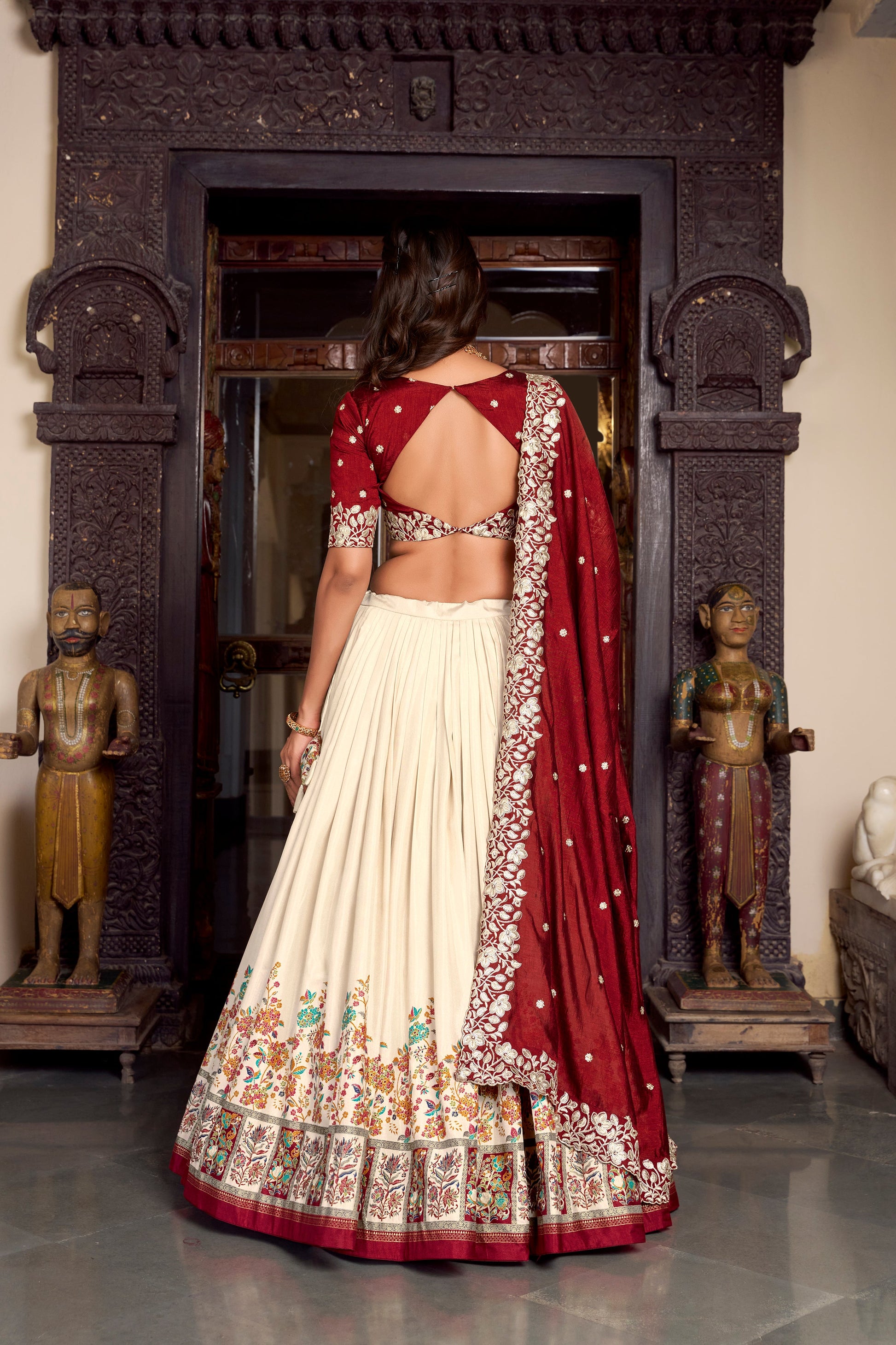 Lorenvalley Off White Tussar Silk Printed With Foil Work Lehenga Choli with Dupatta | Swadesiicart