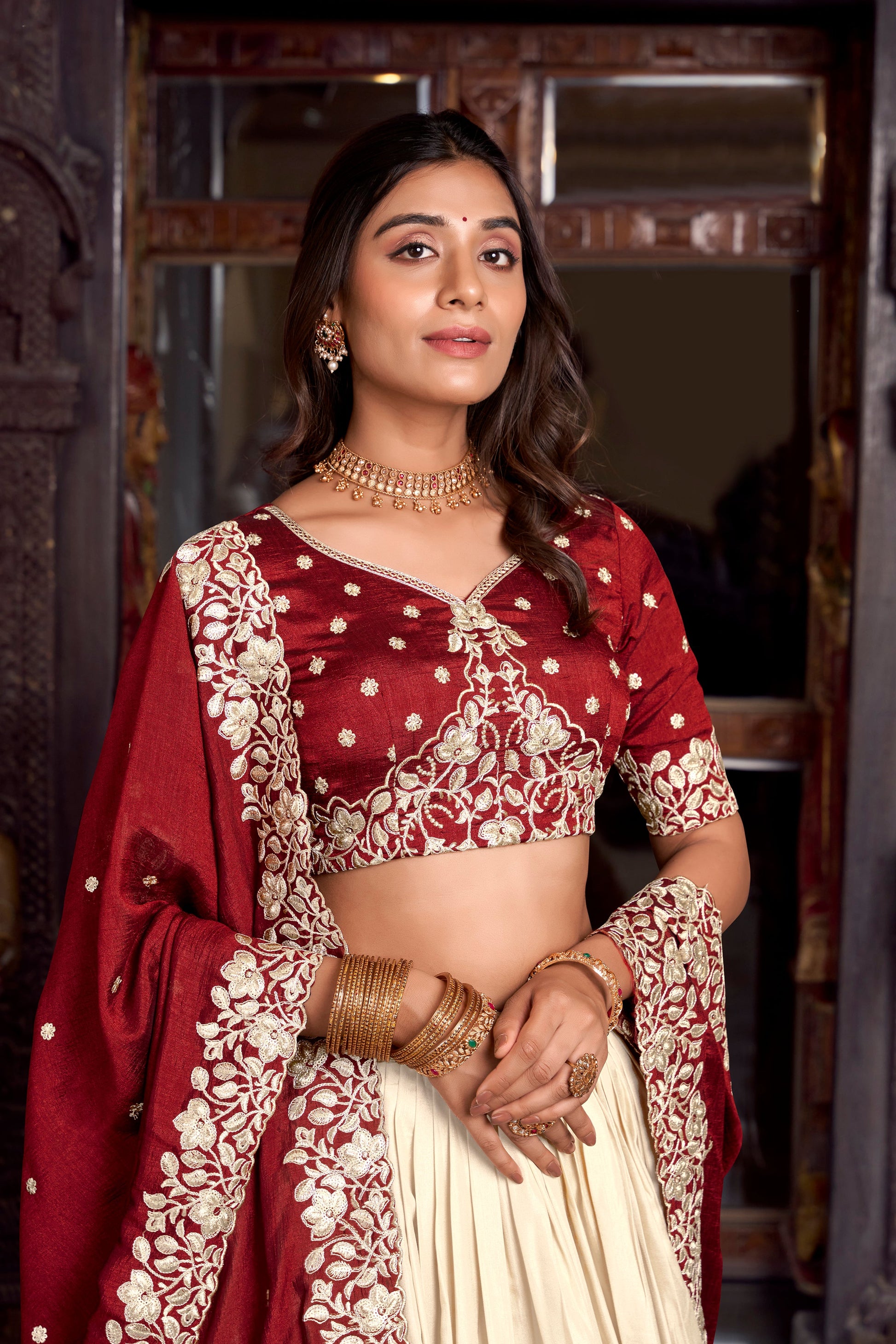 Lorenvalley Off White Tussar Silk Printed With Foil Work Lehenga Choli with Dupatta | Swadesiicart