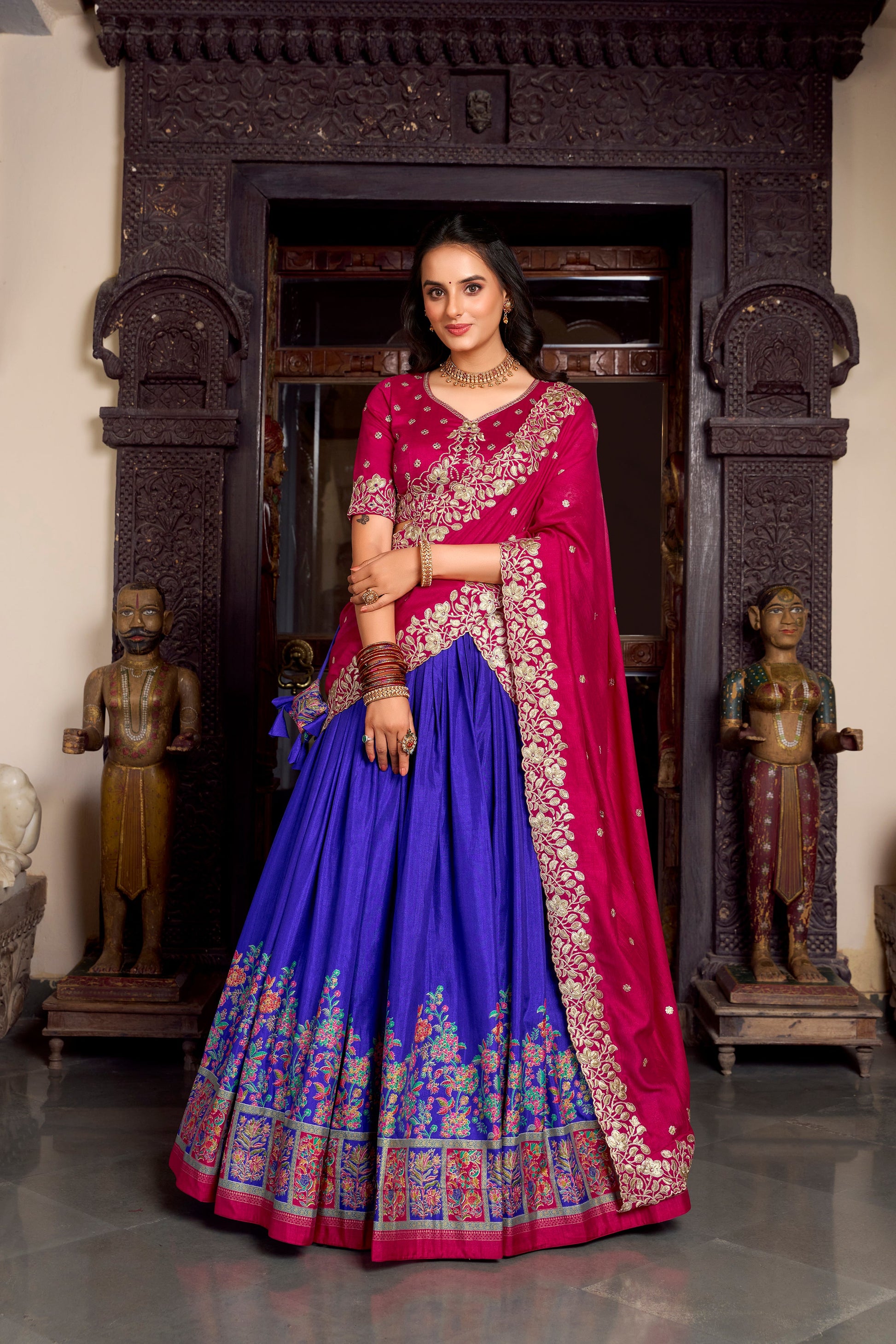 Lorenvalley Royal Blue Tussar Silk Printed With Foil Work Lehenga Choli with Dupatta | Swadesiicart