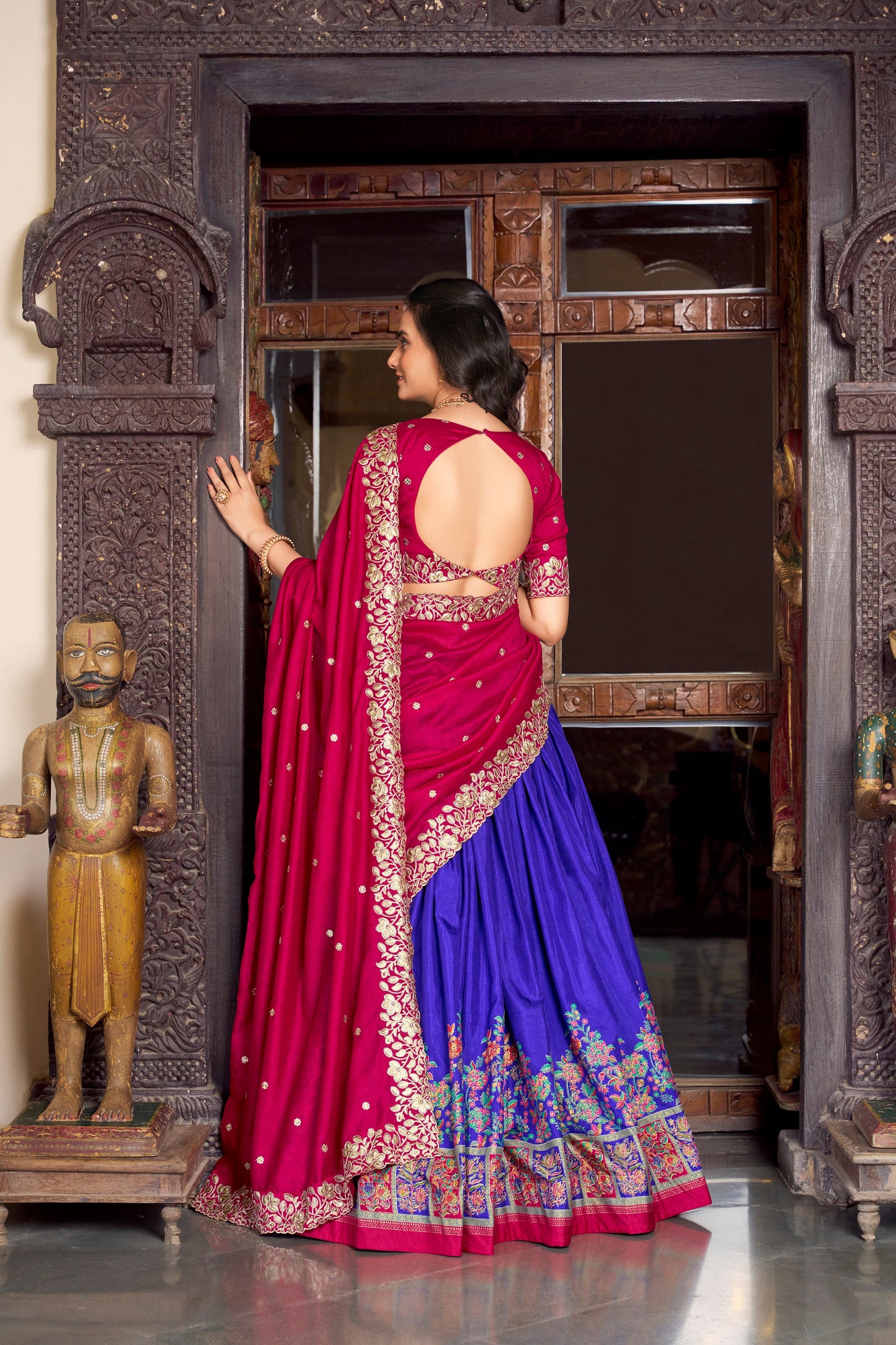 Lorenvalley Royal Blue Tussar Silk Printed With Foil Work Lehenga Choli with Dupatta | Swadesiicart