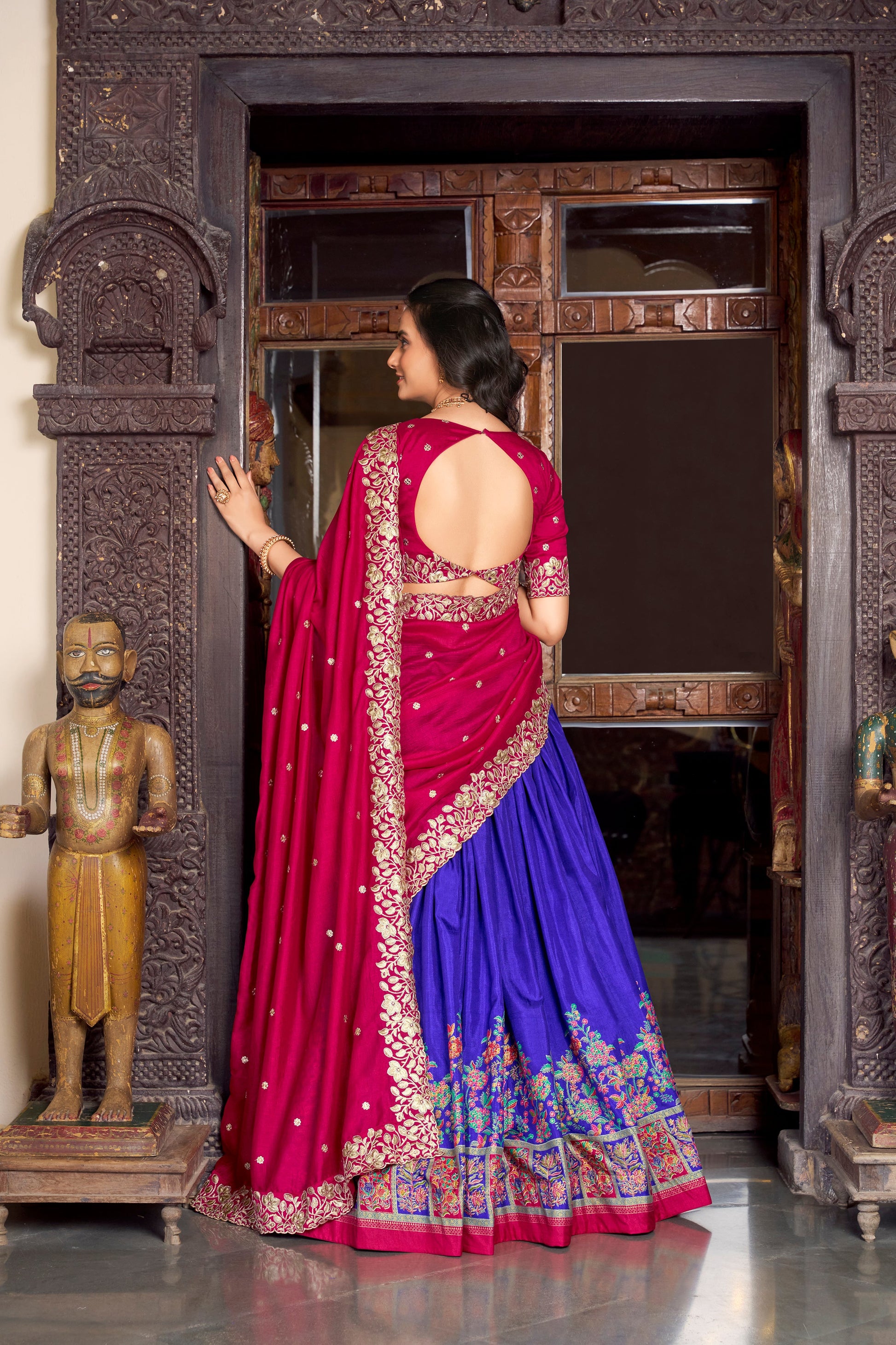 Lorenvalley Royal Blue Tussar Silk Printed With Foil Work Lehenga Choli with Dupatta | Swadesiicart