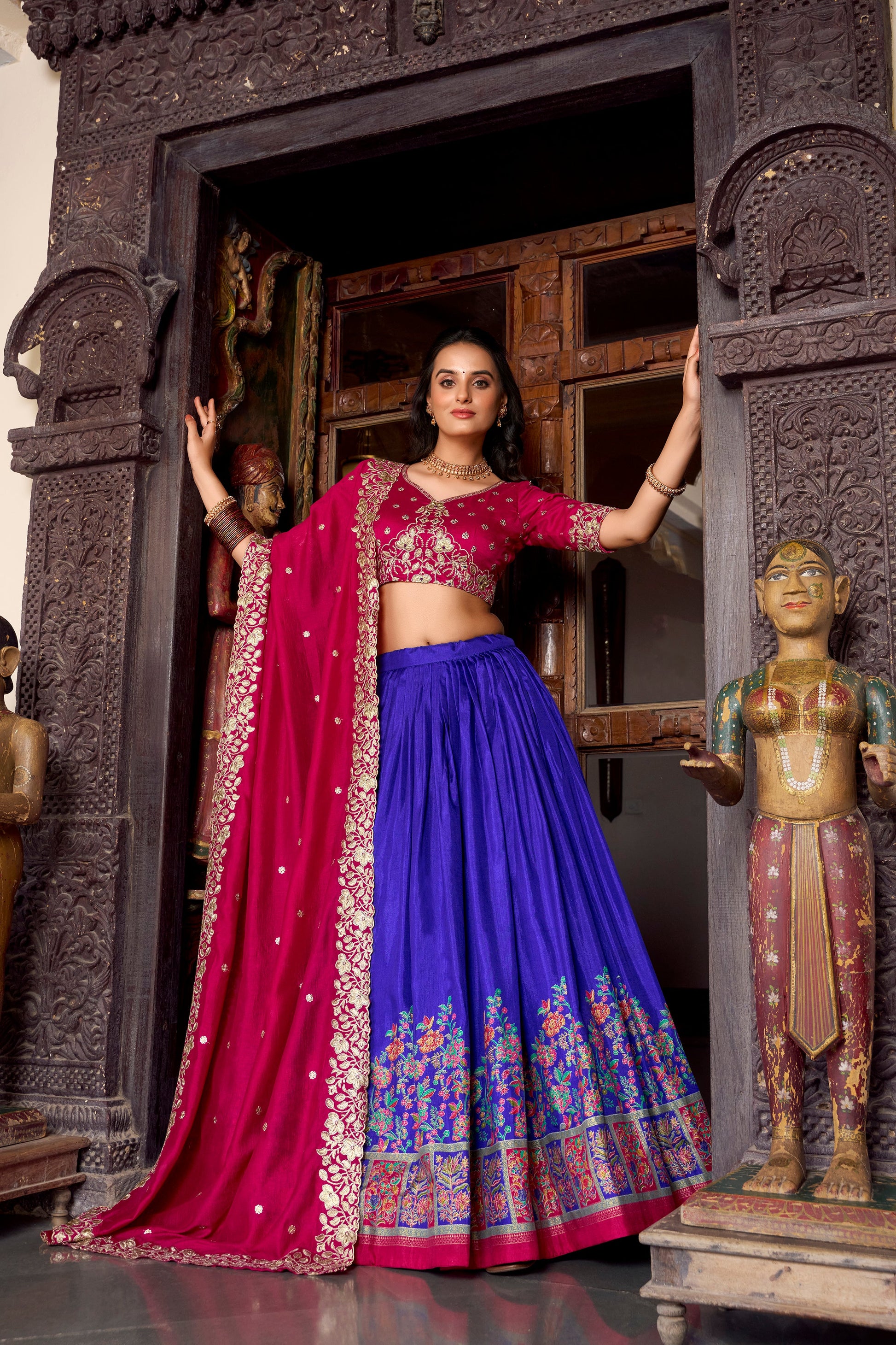 Lorenvalley Royal Blue Tussar Silk Printed With Foil Work Lehenga Choli with Dupatta | Swadesiicart