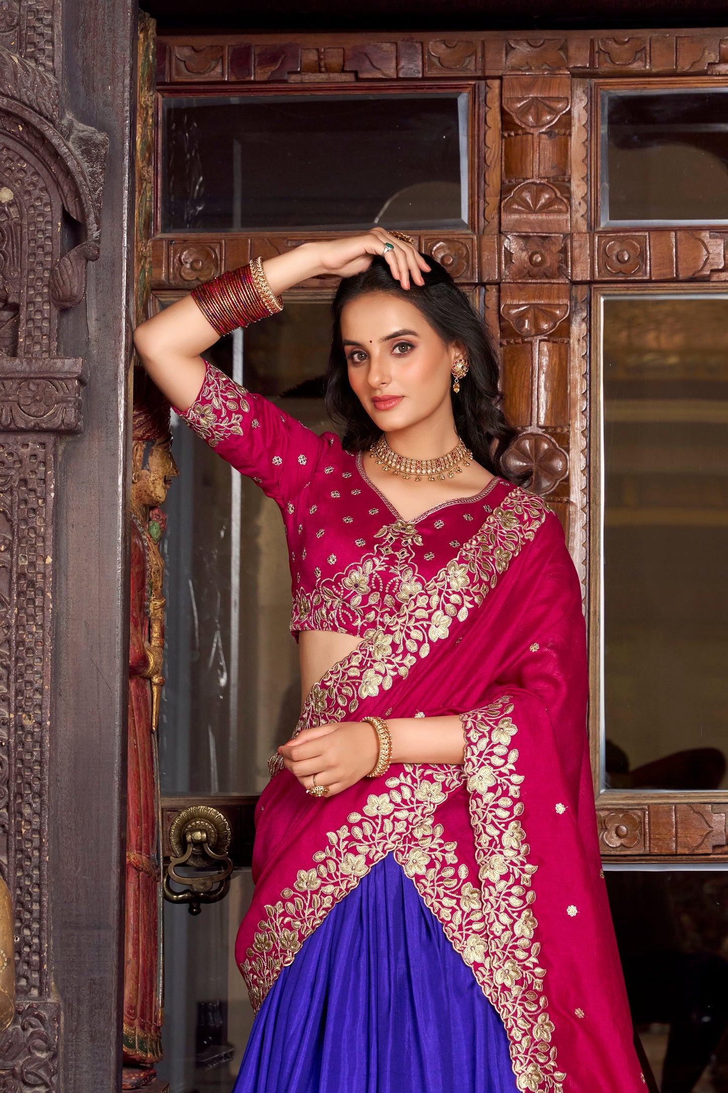 Lorenvalley Royal Blue Tussar Silk Printed With Foil Work Lehenga Choli with Dupatta | Swadesiicart