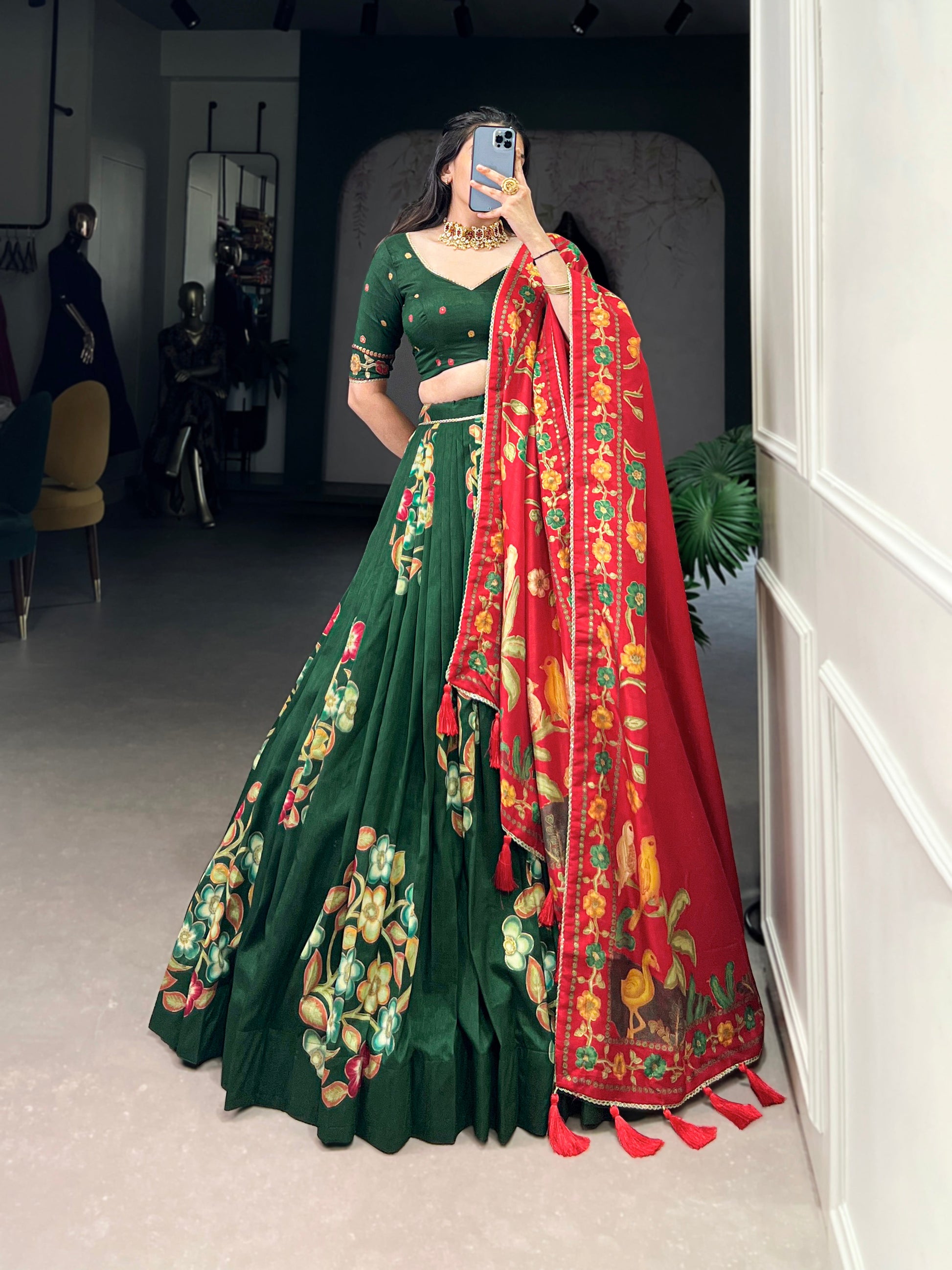 Lorenvalley Green Tussar Silk Printed And Foil Work With Lace Touch Up Lehenga Choli with Dupatta | Swadesiicart
