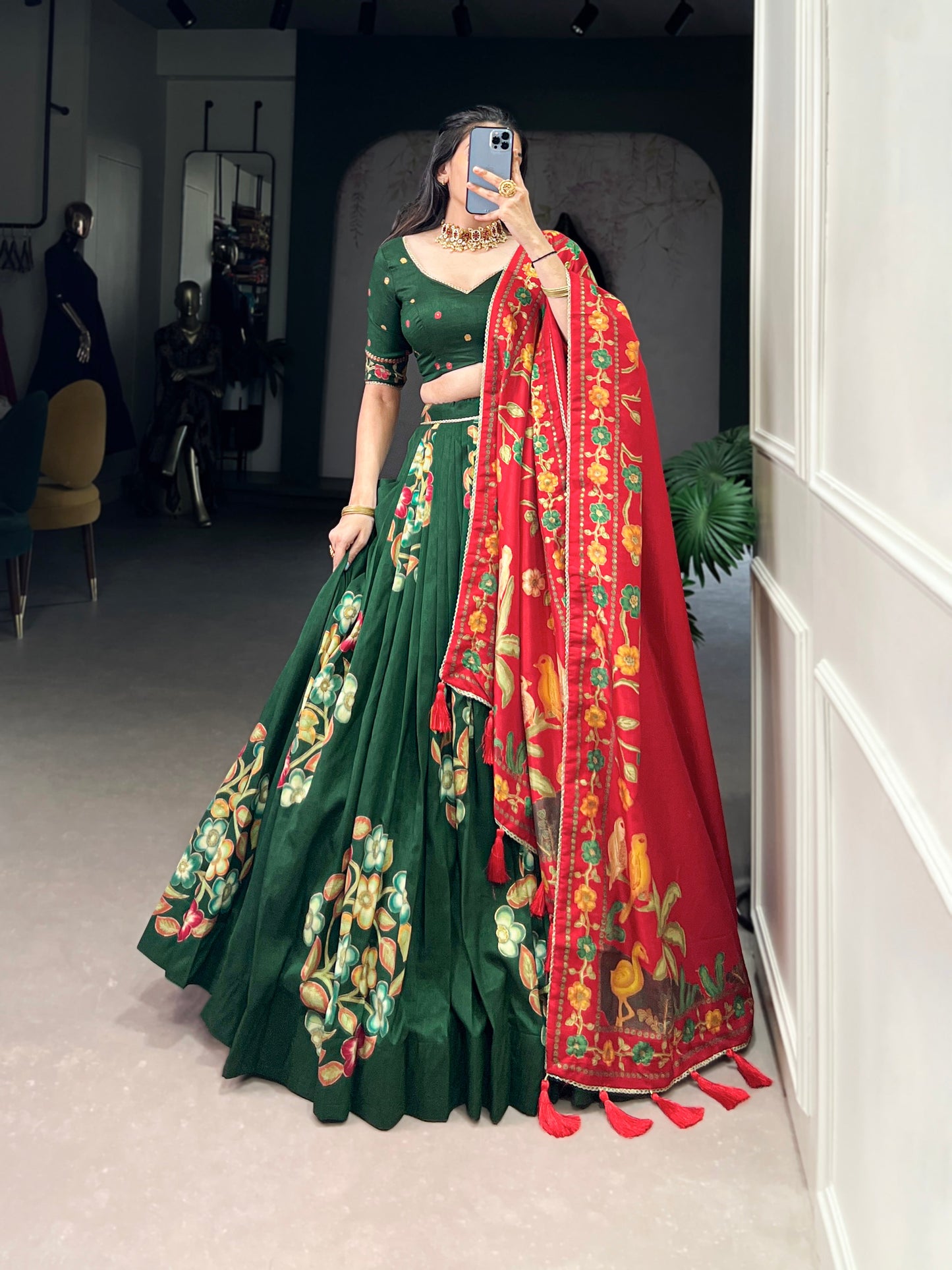 Lorenvalley Green Tussar Silk Printed And Foil Work With Lace Touch Up Lehenga Choli with Dupatta | Swadesiicart