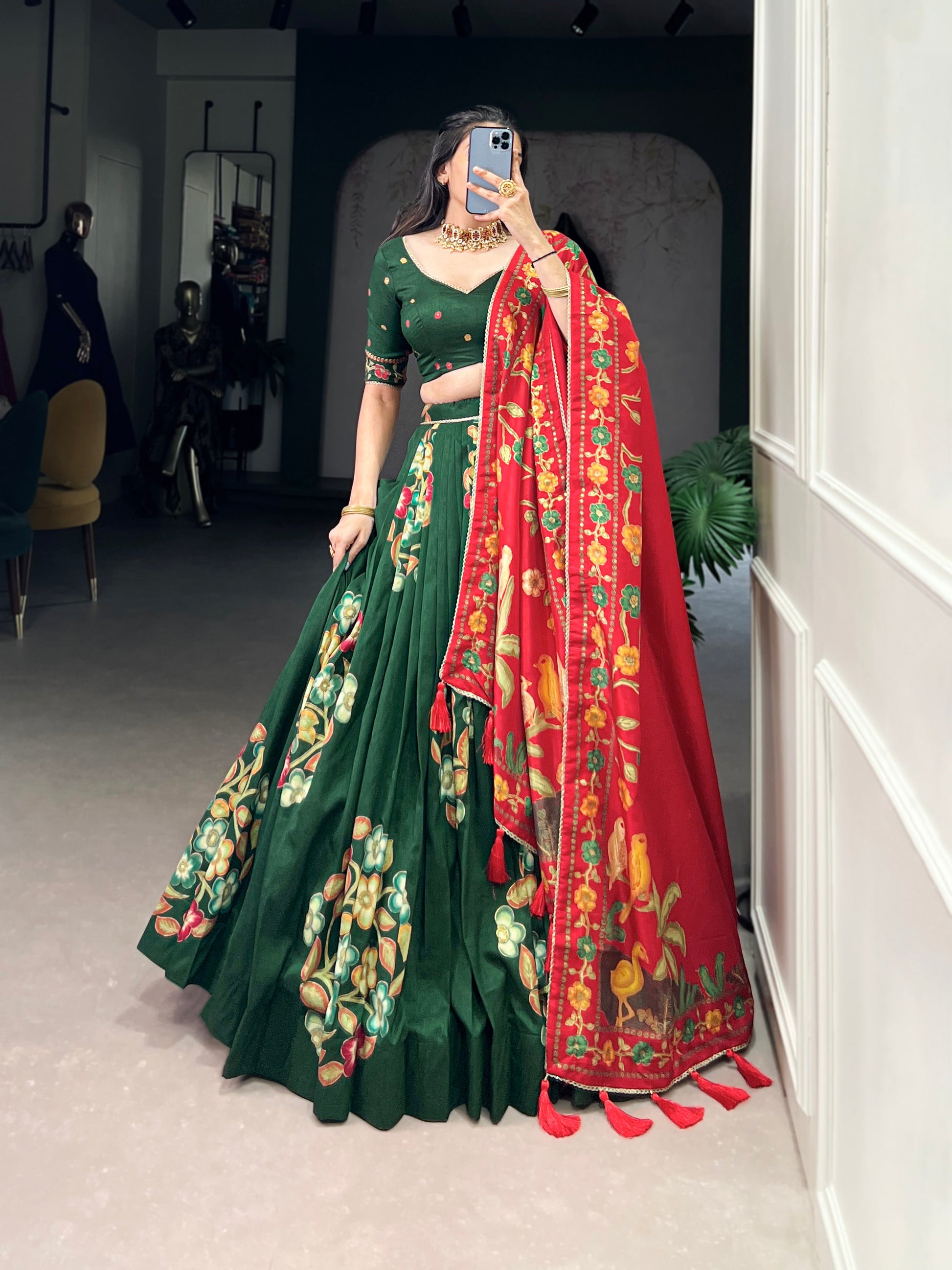 Lorenvalley Green Tussar Silk Printed And Foil Work With Lace Touch Up Lehenga Choli with Dupatta | Swadesiicart