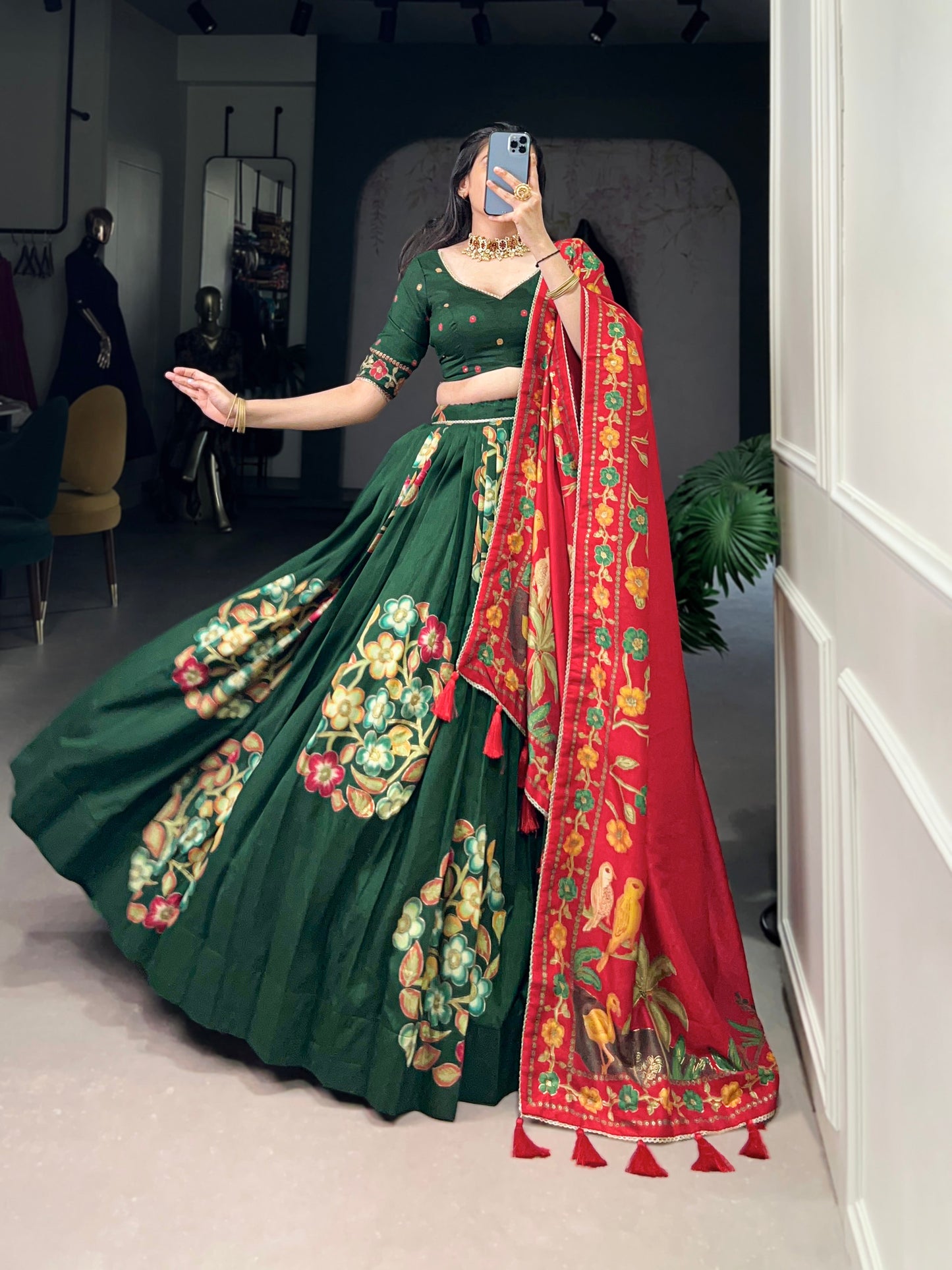 Lorenvalley Green Tussar Silk Printed And Foil Work With Lace Touch Up Lehenga Choli with Dupatta | Swadesiicart