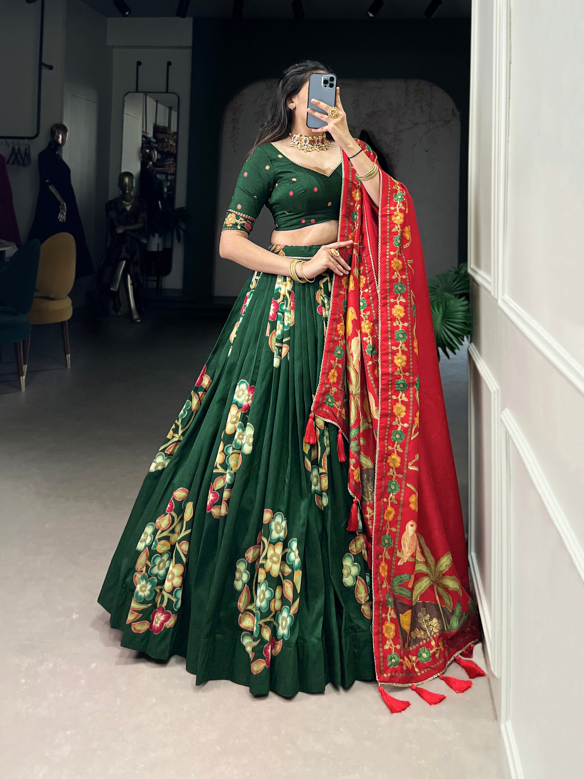 Lorenvalley Green Tussar Silk Printed And Foil Work With Lace Touch Up Lehenga Choli with Dupatta | Swadesiicart