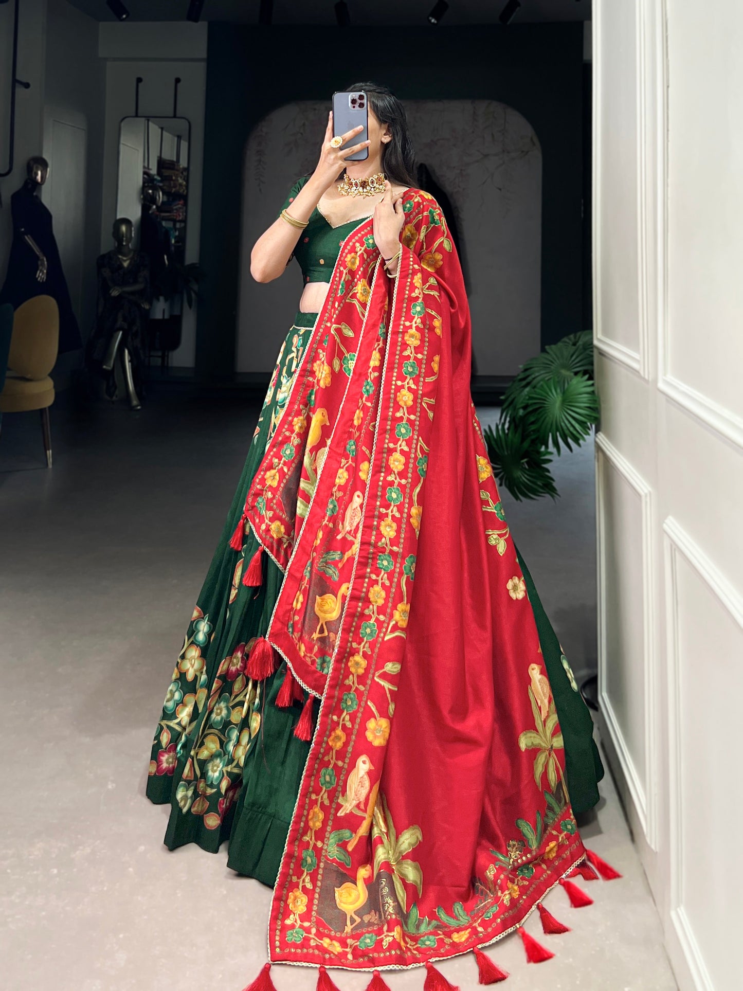 Lorenvalley Green Tussar Silk Printed And Foil Work With Lace Touch Up Lehenga Choli with Dupatta | Swadesiicart