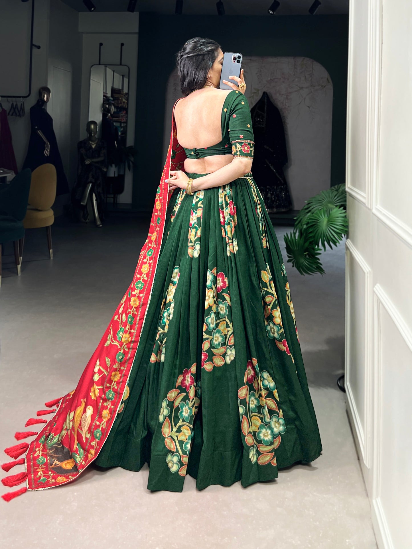 Lorenvalley Green Tussar Silk Printed And Foil Work With Lace Touch Up Lehenga Choli with Dupatta | Swadesiicart