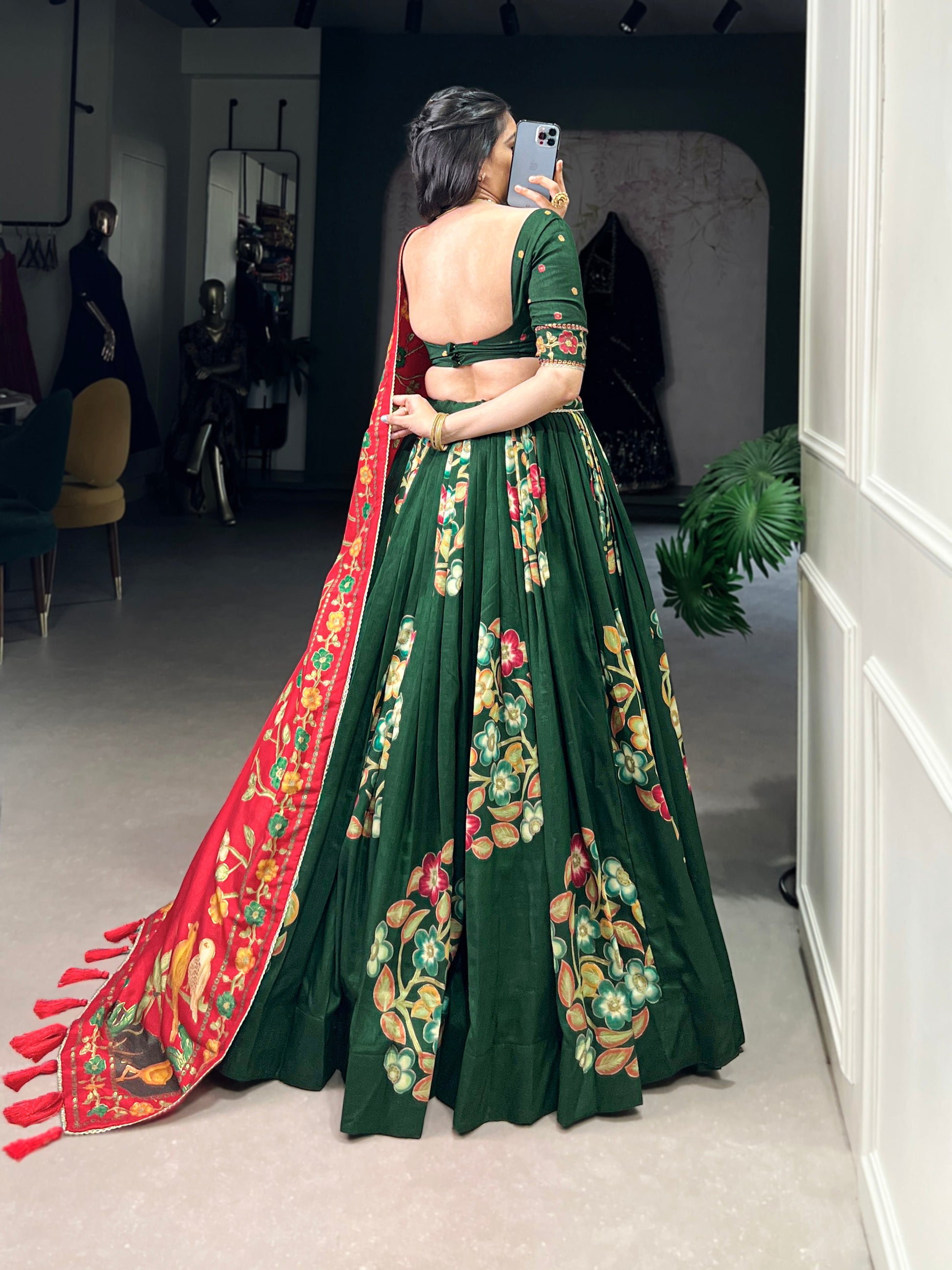 Lorenvalley Green Tussar Silk Printed And Foil Work With Lace Touch Up Lehenga Choli with Dupatta | Swadesiicart