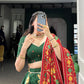 Lorenvalley Green Tussar Silk Printed And Foil Work With Lace Touch Up Lehenga Choli with Dupatta | Swadesiicart