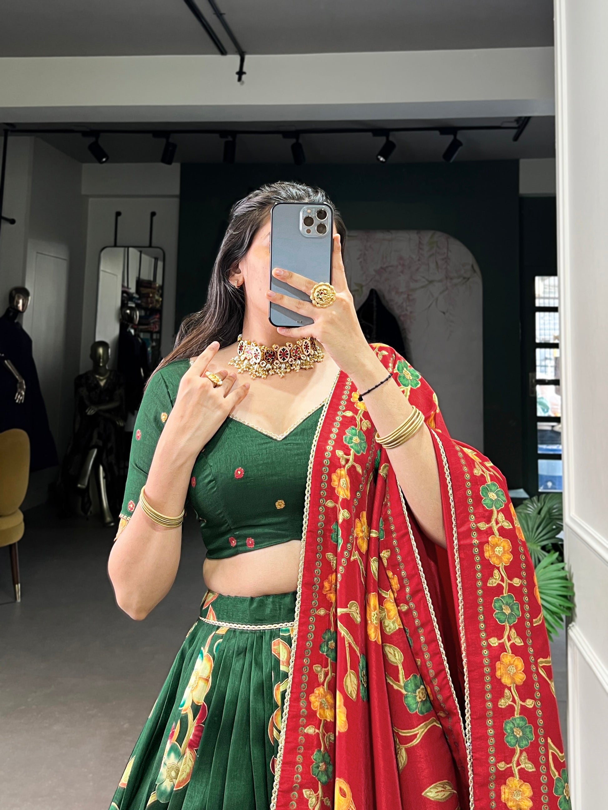 Lorenvalley Green Tussar Silk Printed And Foil Work With Lace Touch Up Lehenga Choli with Dupatta | Swadesiicart