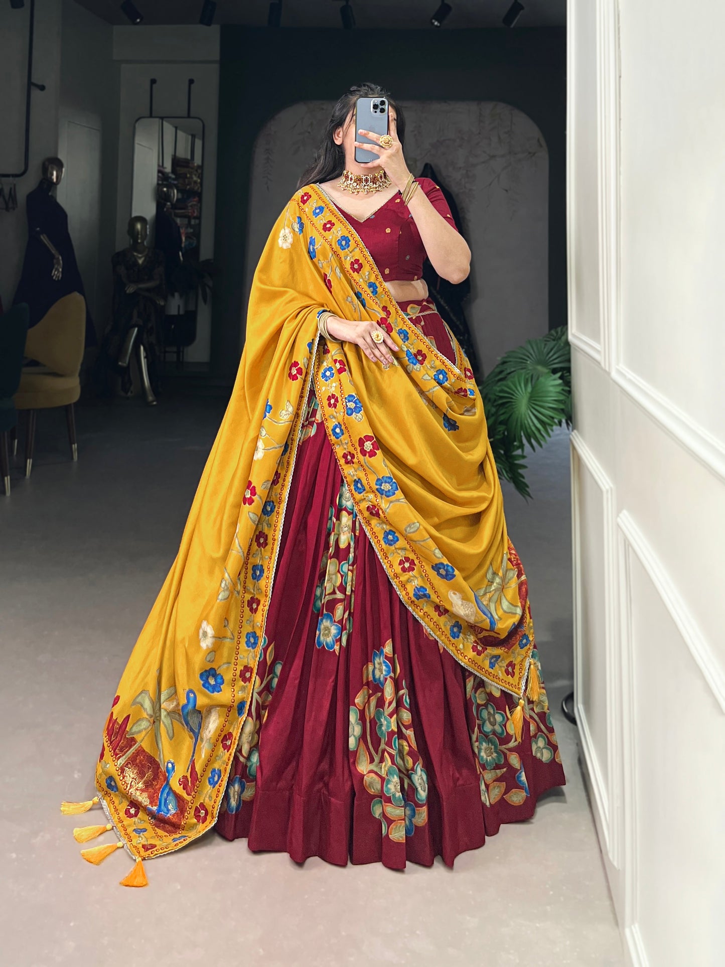 Lorenvalley Maroon Tussar Silk Printed And Foil Work With Lace Touch Up Lehenga Choli with Dupatta | Swadesiicart