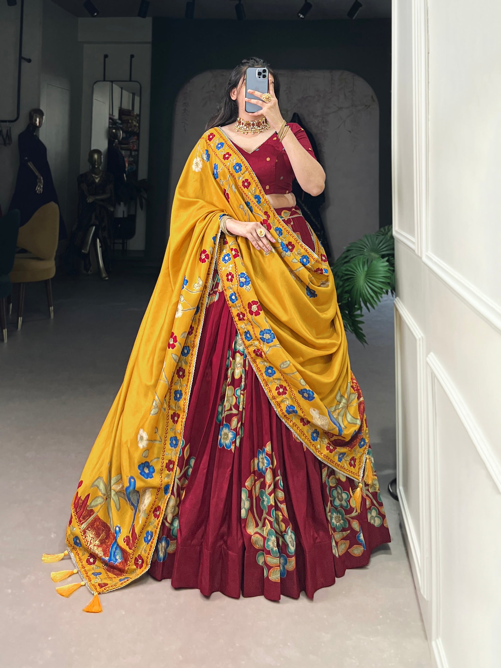 Lorenvalley Maroon Tussar Silk Printed And Foil Work With Lace Touch Up Lehenga Choli with Dupatta | Swadesiicart