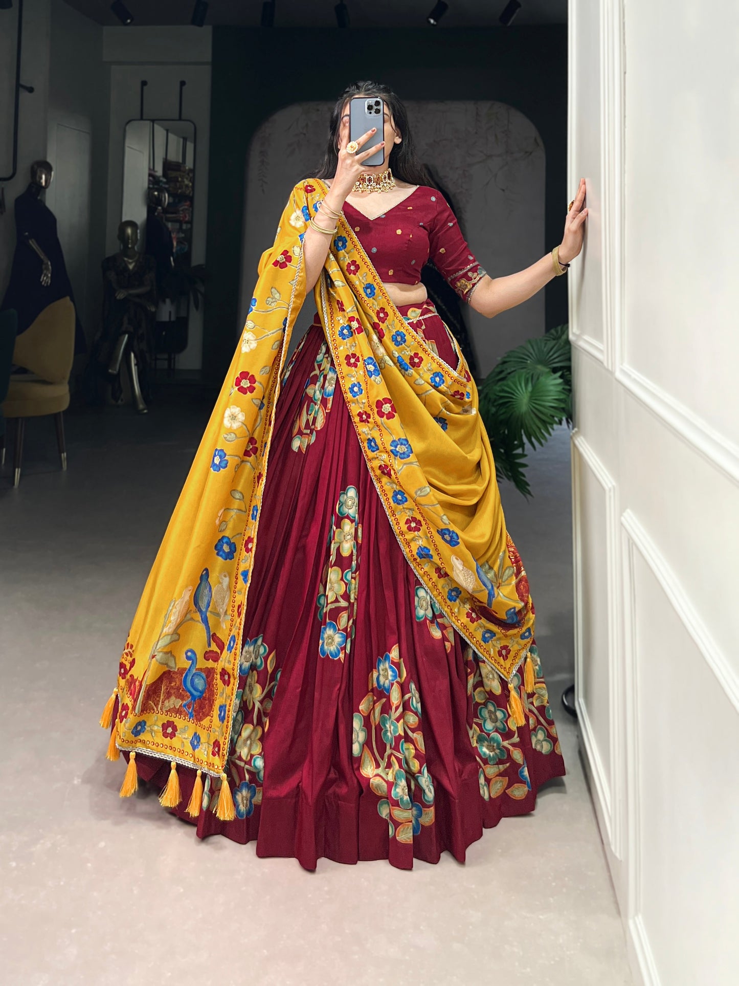 Lorenvalley Maroon Tussar Silk Printed And Foil Work With Lace Touch Up Lehenga Choli with Dupatta | Swadesiicart