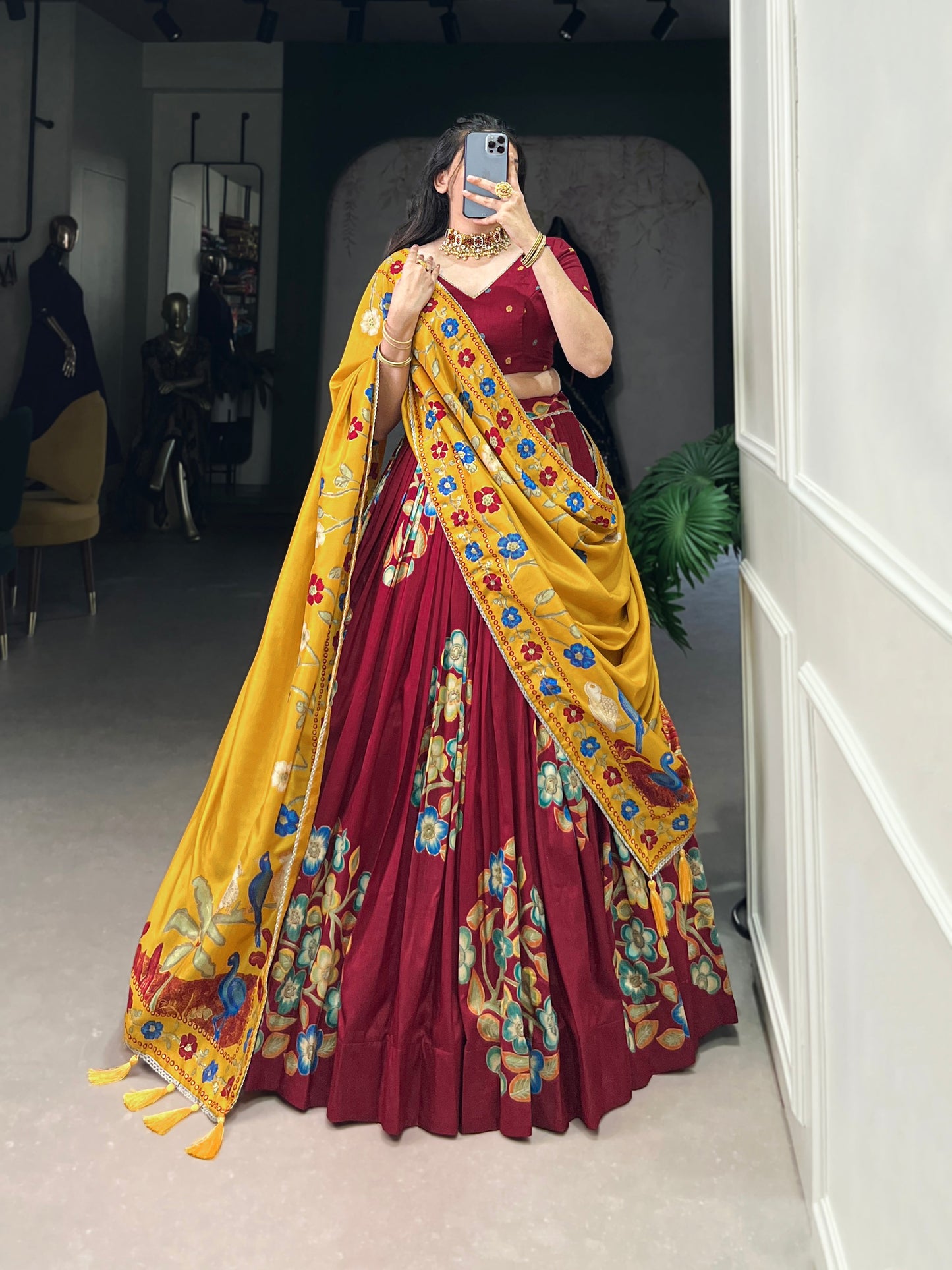 Lorenvalley Maroon Tussar Silk Printed And Foil Work With Lace Touch Up Lehenga Choli with Dupatta | Swadesiicart