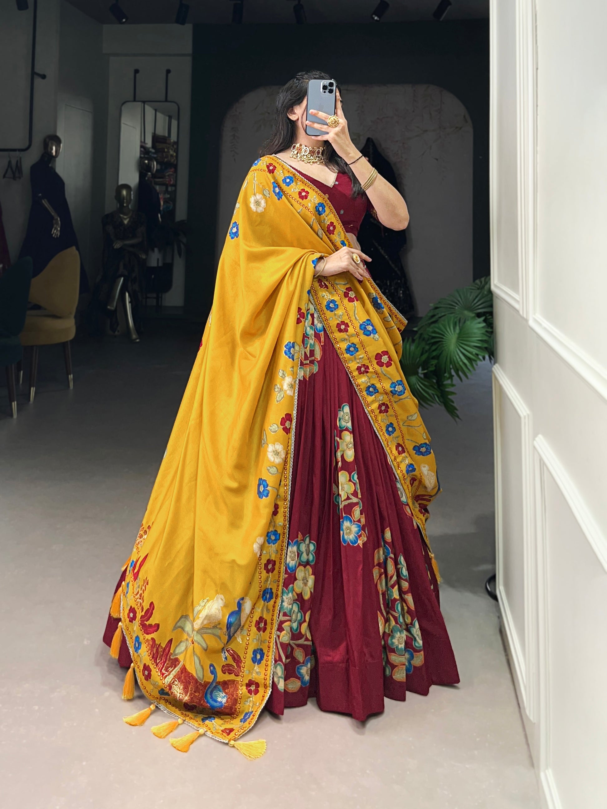Lorenvalley Maroon Tussar Silk Printed And Foil Work With Lace Touch Up Lehenga Choli with Dupatta | Swadesiicart