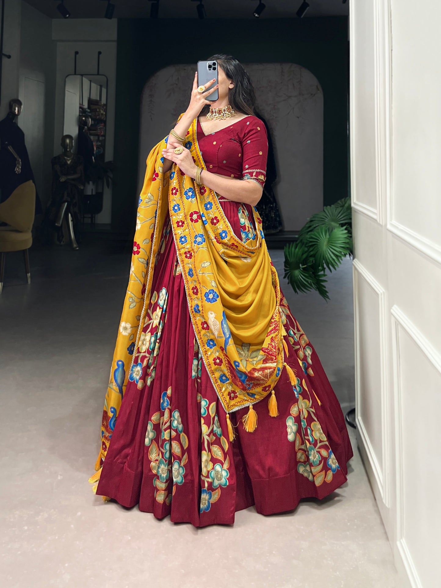 Lorenvalley Maroon Tussar Silk Printed And Foil Work With Lace Touch Up Lehenga Choli with Dupatta | Swadesiicart
