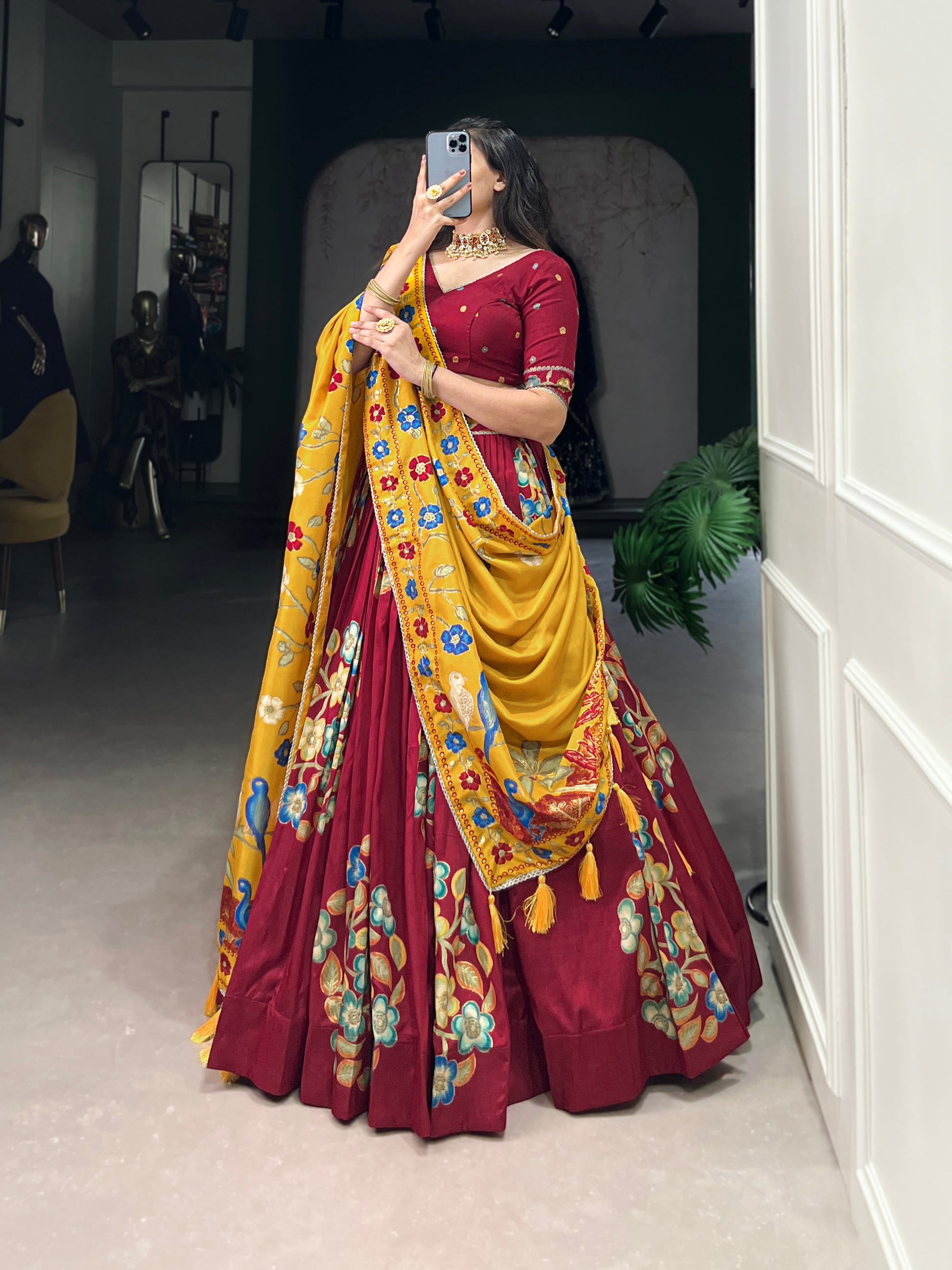 Lorenvalley Maroon Tussar Silk Printed And Foil Work With Lace Touch Up Lehenga Choli with Dupatta | Swadesiicart