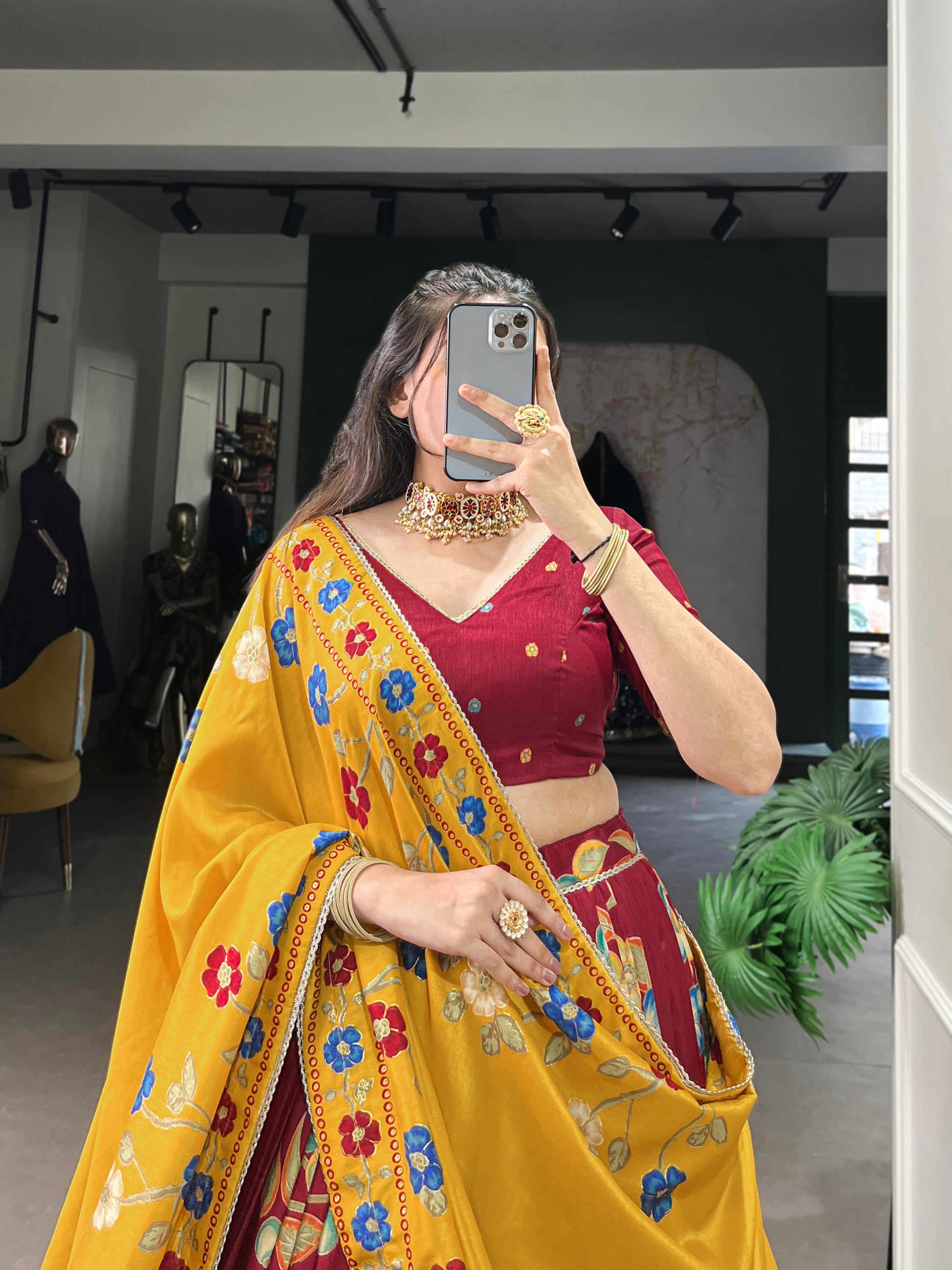Lorenvalley Maroon Tussar Silk Printed And Foil Work With Lace Touch Up Lehenga Choli with Dupatta | Swadesiicart