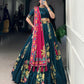 Lorenvalley Teal Tussar Silk Printed And Foil Work With Lace Touch Up Lehenga Choli with Dupatta | Swadesiicart