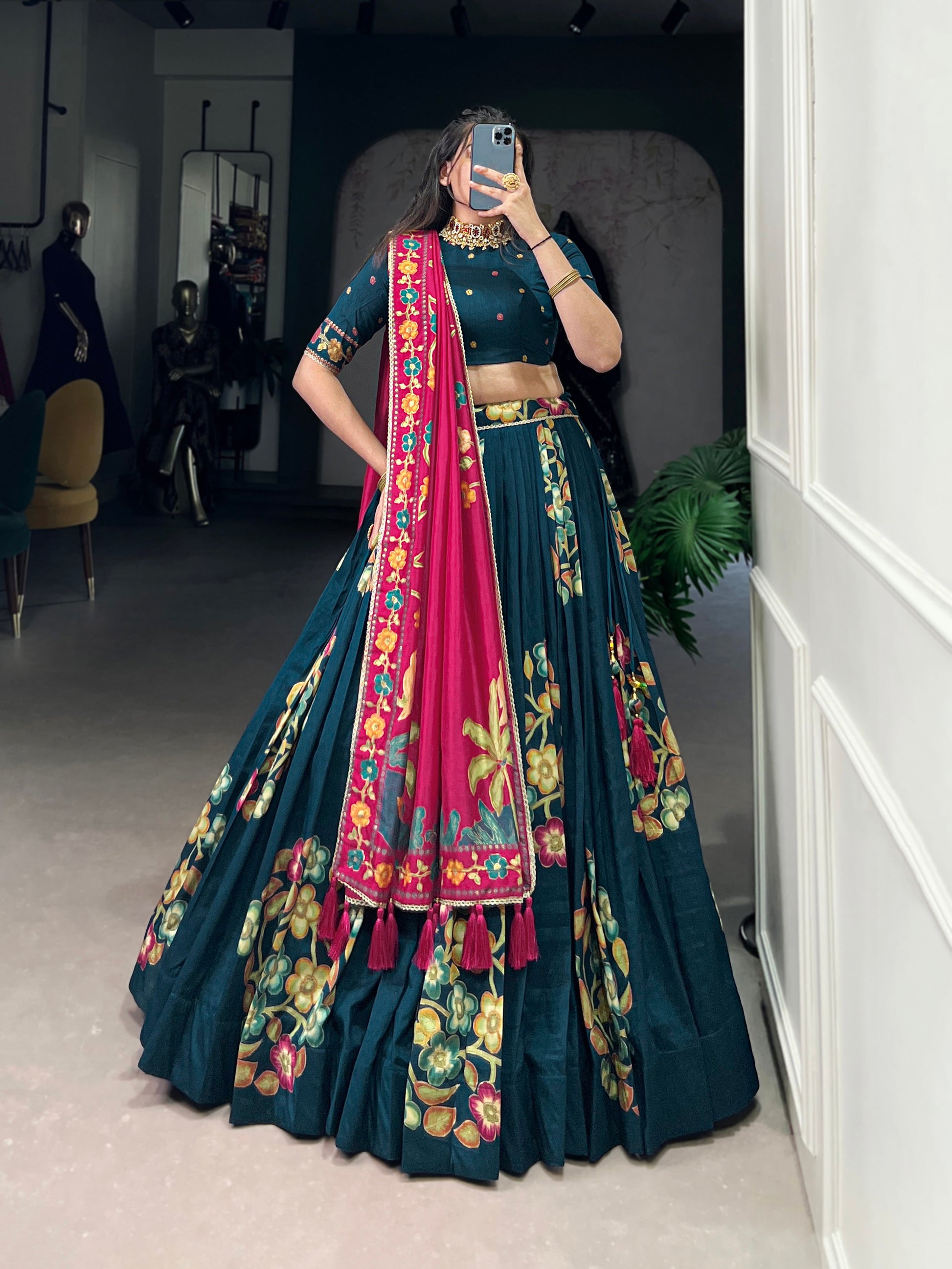 Lorenvalley Teal Tussar Silk Printed And Foil Work With Lace Touch Up Lehenga Choli with Dupatta | Swadesiicart