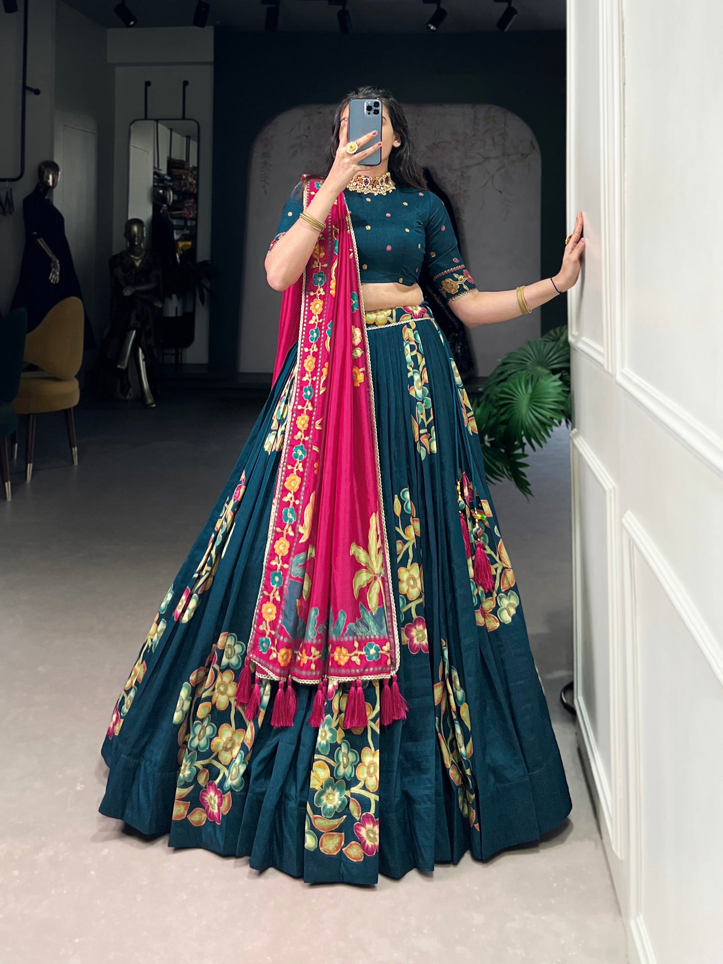 Lorenvalley Teal Tussar Silk Printed And Foil Work With Lace Touch Up Lehenga Choli with Dupatta | Swadesiicart