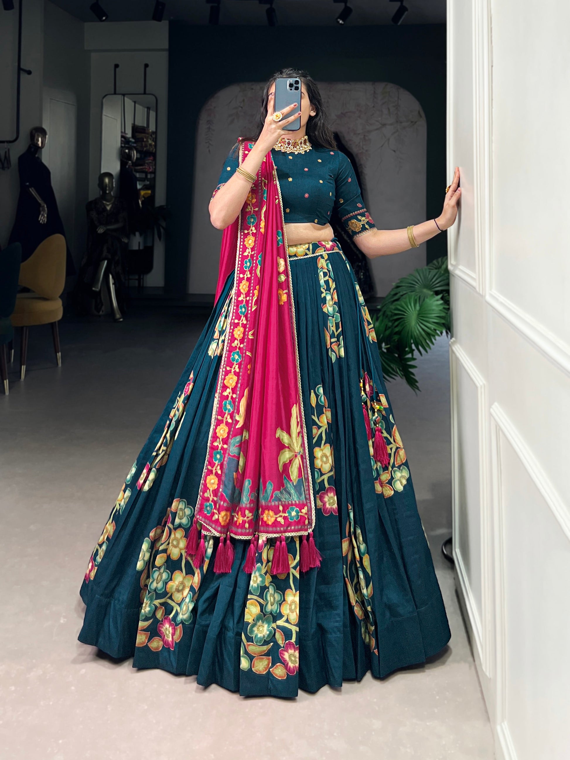 Lorenvalley Teal Tussar Silk Printed And Foil Work With Lace Touch Up Lehenga Choli with Dupatta | Swadesiicart