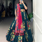 Lorenvalley Teal Tussar Silk Printed And Foil Work With Lace Touch Up Lehenga Choli with Dupatta | Swadesiicart