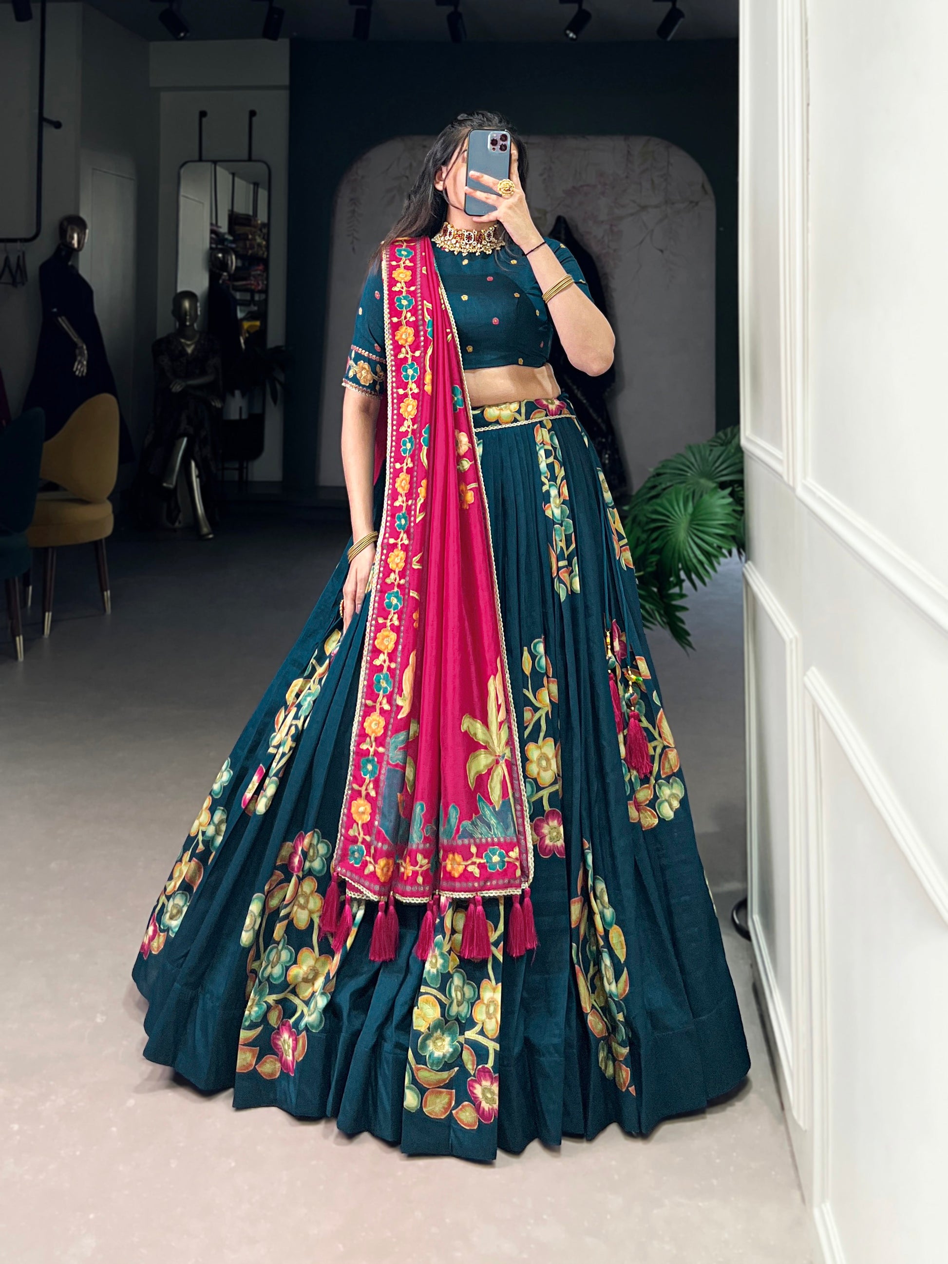 Lorenvalley Teal Tussar Silk Printed And Foil Work With Lace Touch Up Lehenga Choli with Dupatta | Swadesiicart