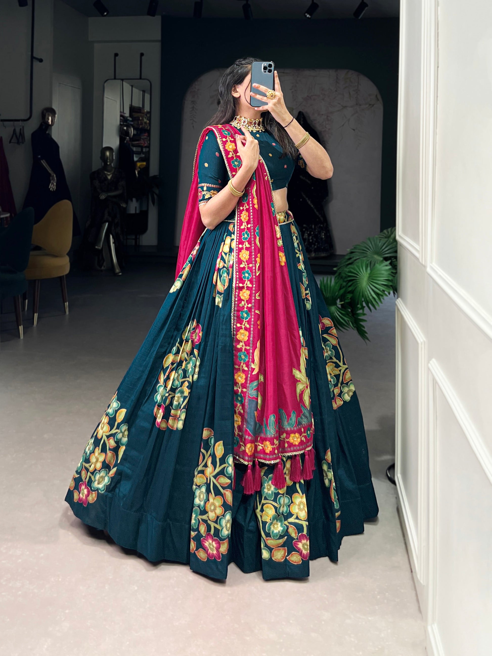 Lorenvalley Teal Tussar Silk Printed And Foil Work With Lace Touch Up Lehenga Choli with Dupatta | Swadesiicart