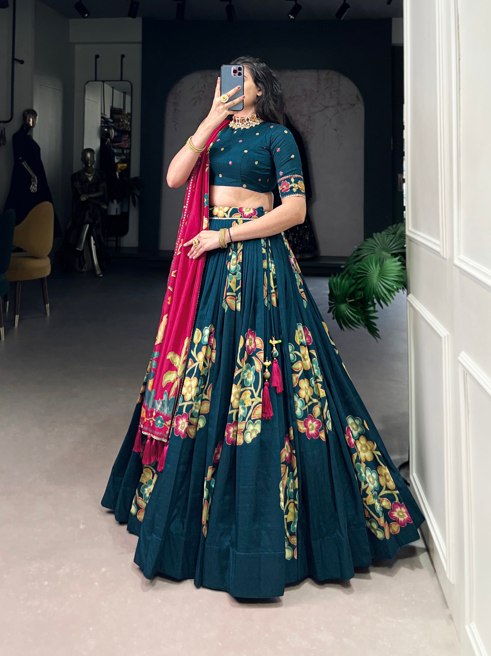 Lorenvalley Teal Tussar Silk Printed And Foil Work With Lace Touch Up Lehenga Choli with Dupatta | Swadesiicart