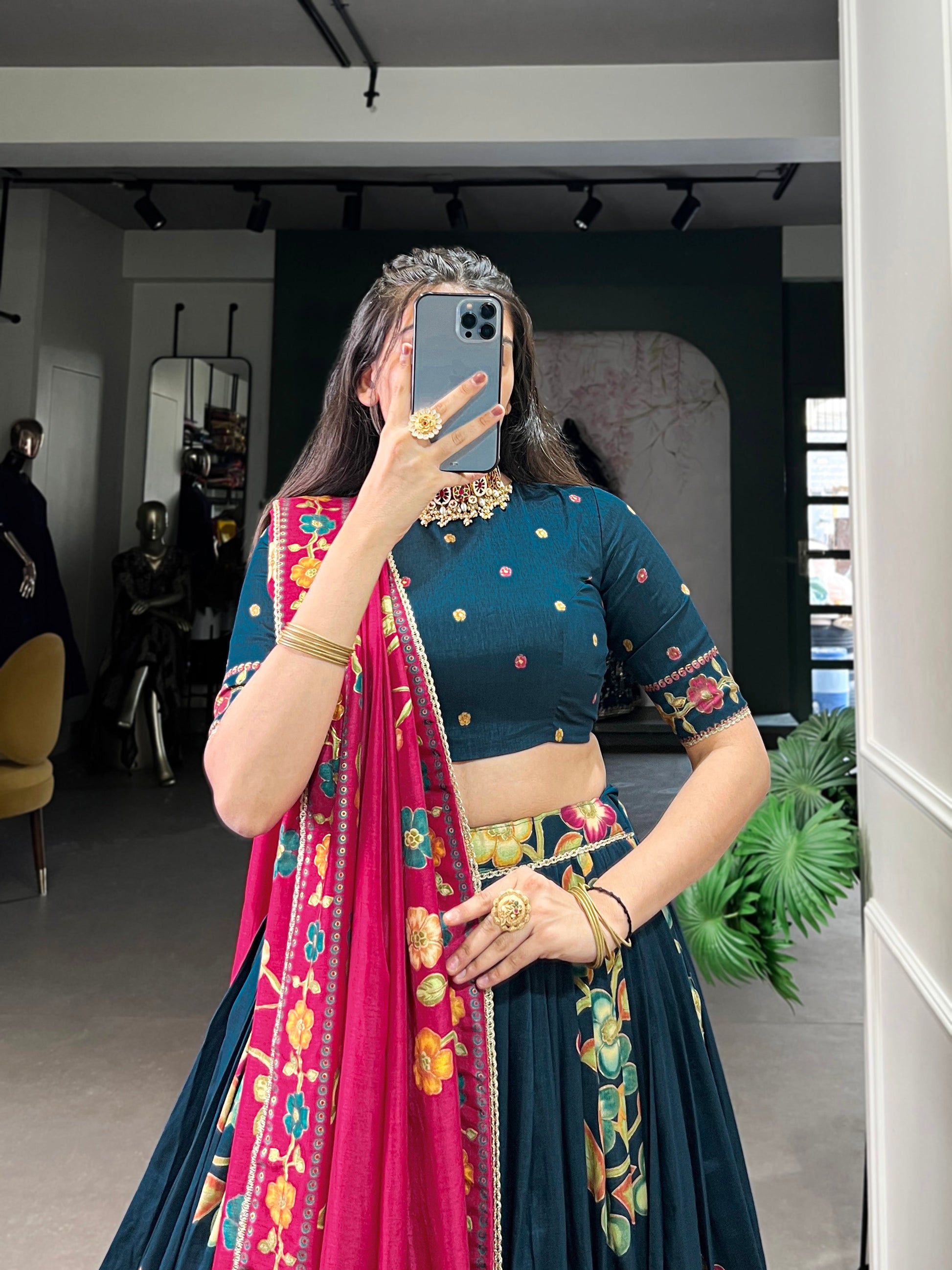 Lorenvalley Teal Tussar Silk Printed And Foil Work With Lace Touch Up Lehenga Choli with Dupatta | Swadesiicart