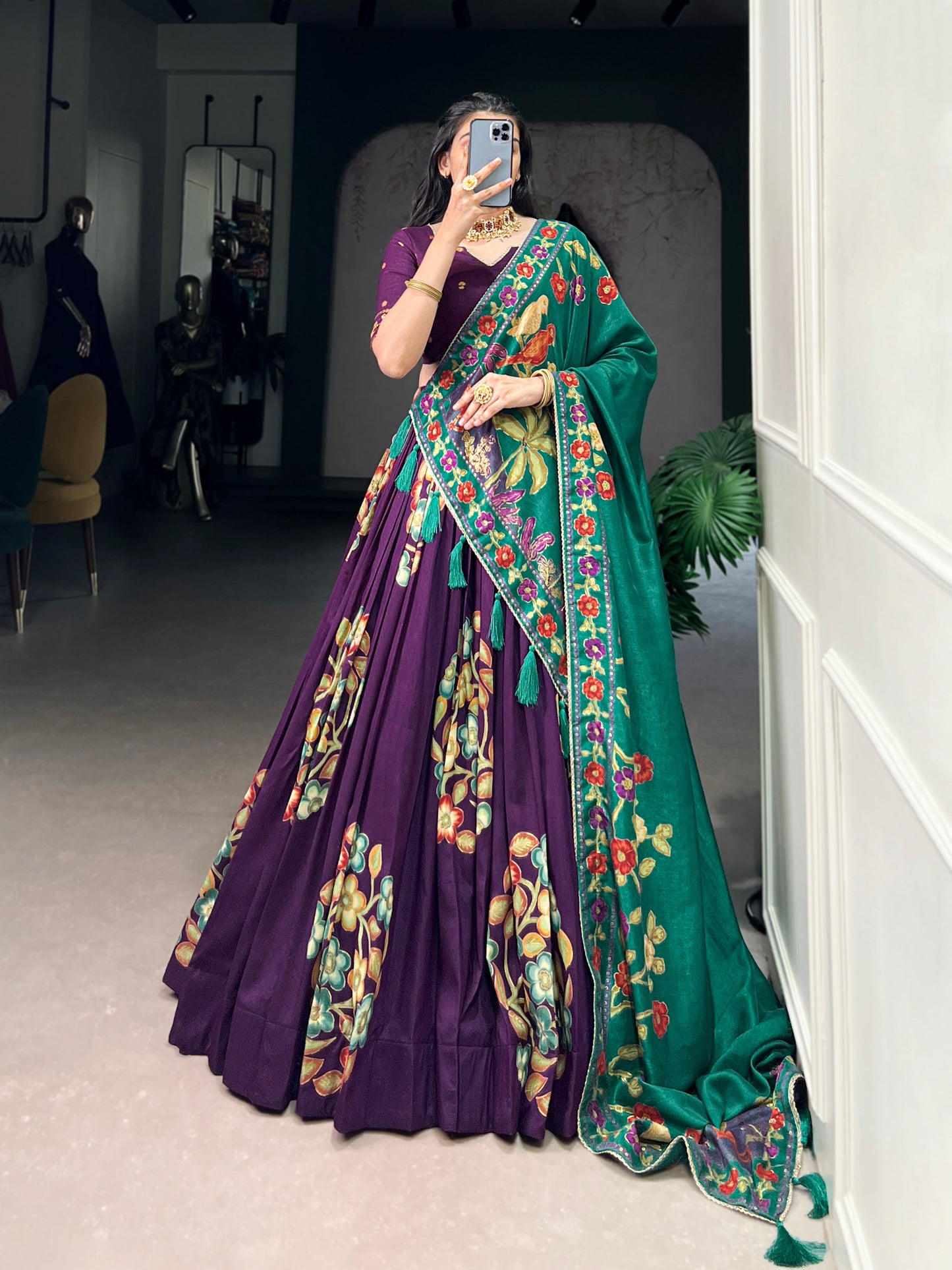 Lorenvalley Purple Tussar Silk Printed And Foil Work With Lace Touch Up Lehenga Choli with Dupatta | Swadesiicart