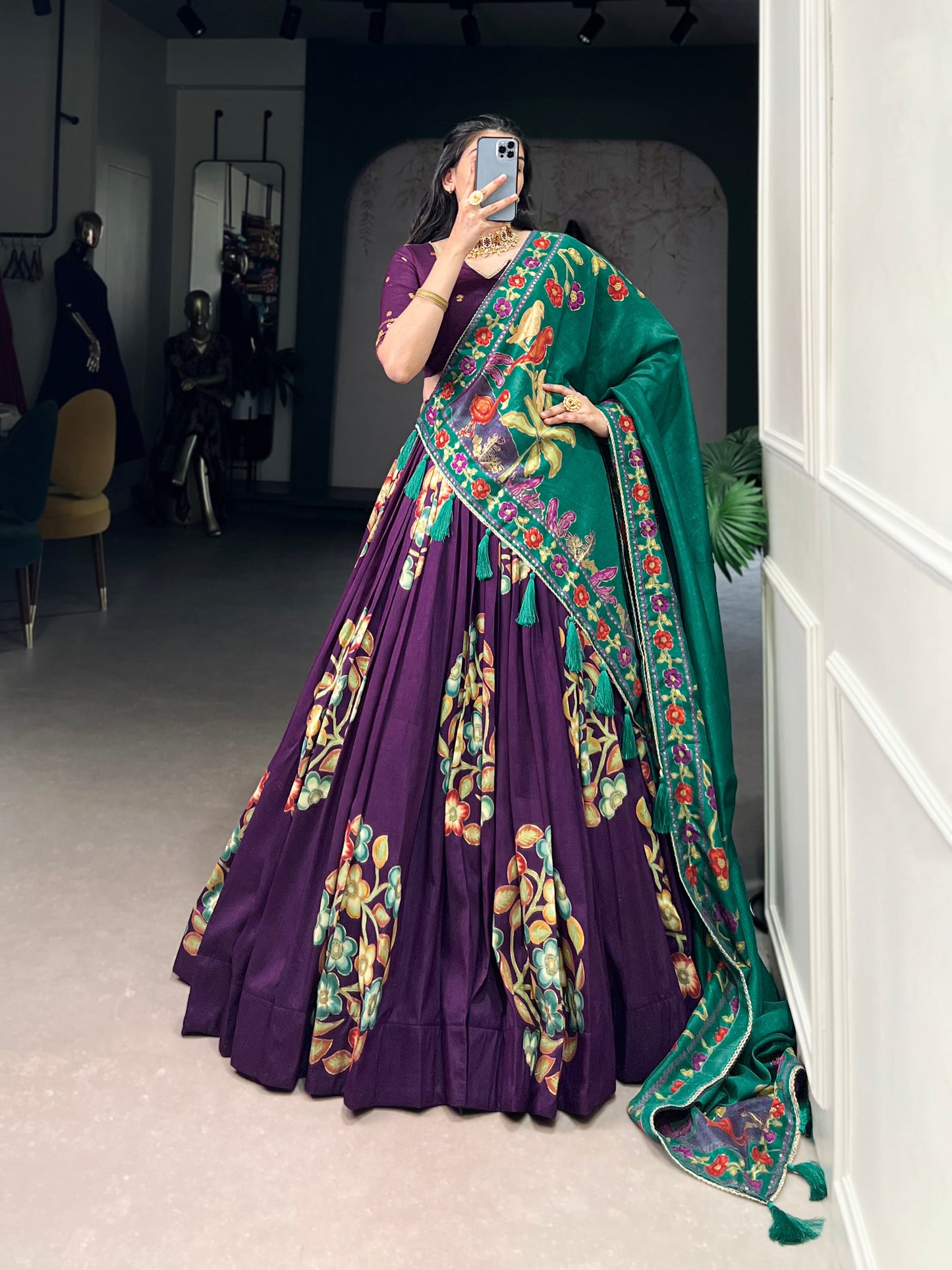 Lorenvalley Purple Tussar Silk Printed And Foil Work With Lace Touch Up Lehenga Choli with Dupatta | Swadesiicart