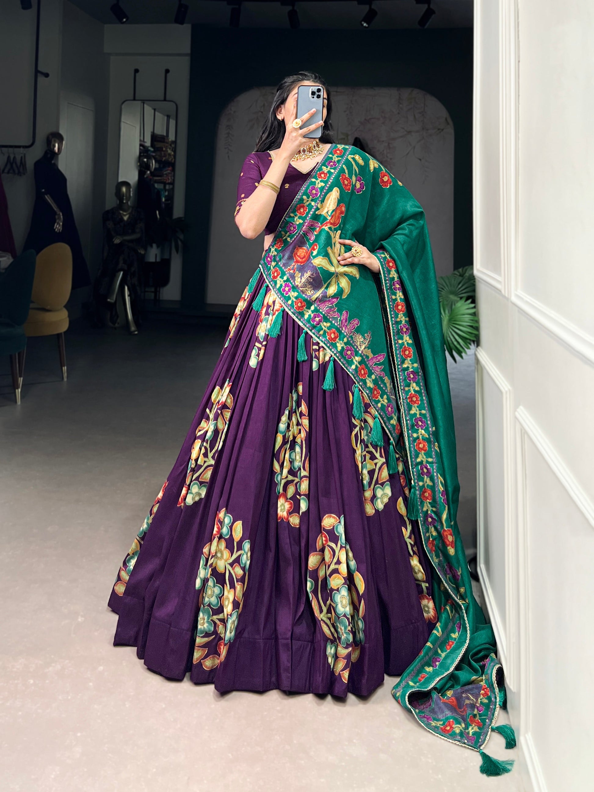 Lorenvalley Purple Tussar Silk Printed And Foil Work With Lace Touch Up Lehenga Choli with Dupatta | Swadesiicart