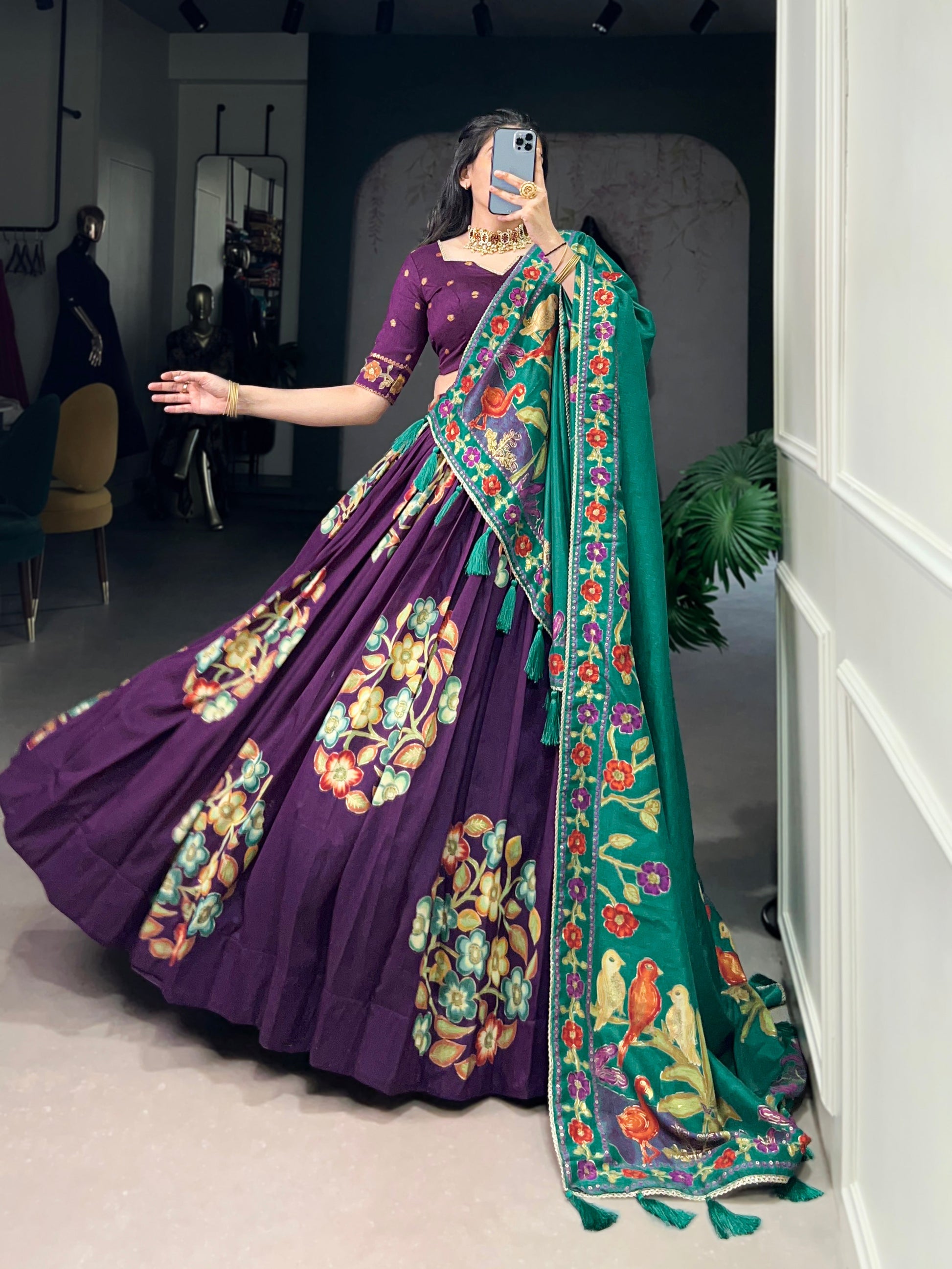 Lorenvalley Purple Tussar Silk Printed And Foil Work With Lace Touch Up Lehenga Choli with Dupatta | Swadesiicart