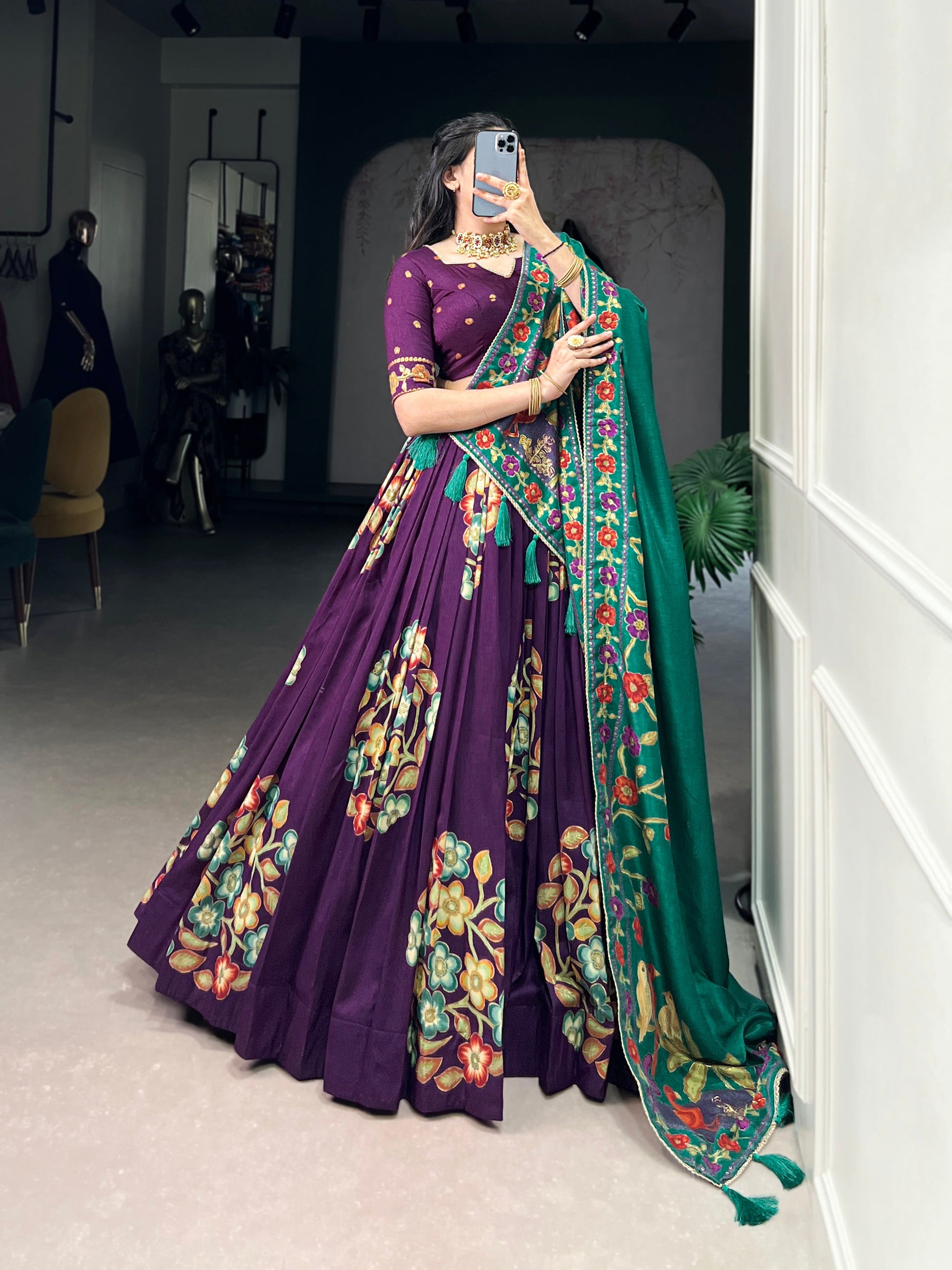 Lorenvalley Purple Tussar Silk Printed And Foil Work With Lace Touch Up Lehenga Choli with Dupatta | Swadesiicart