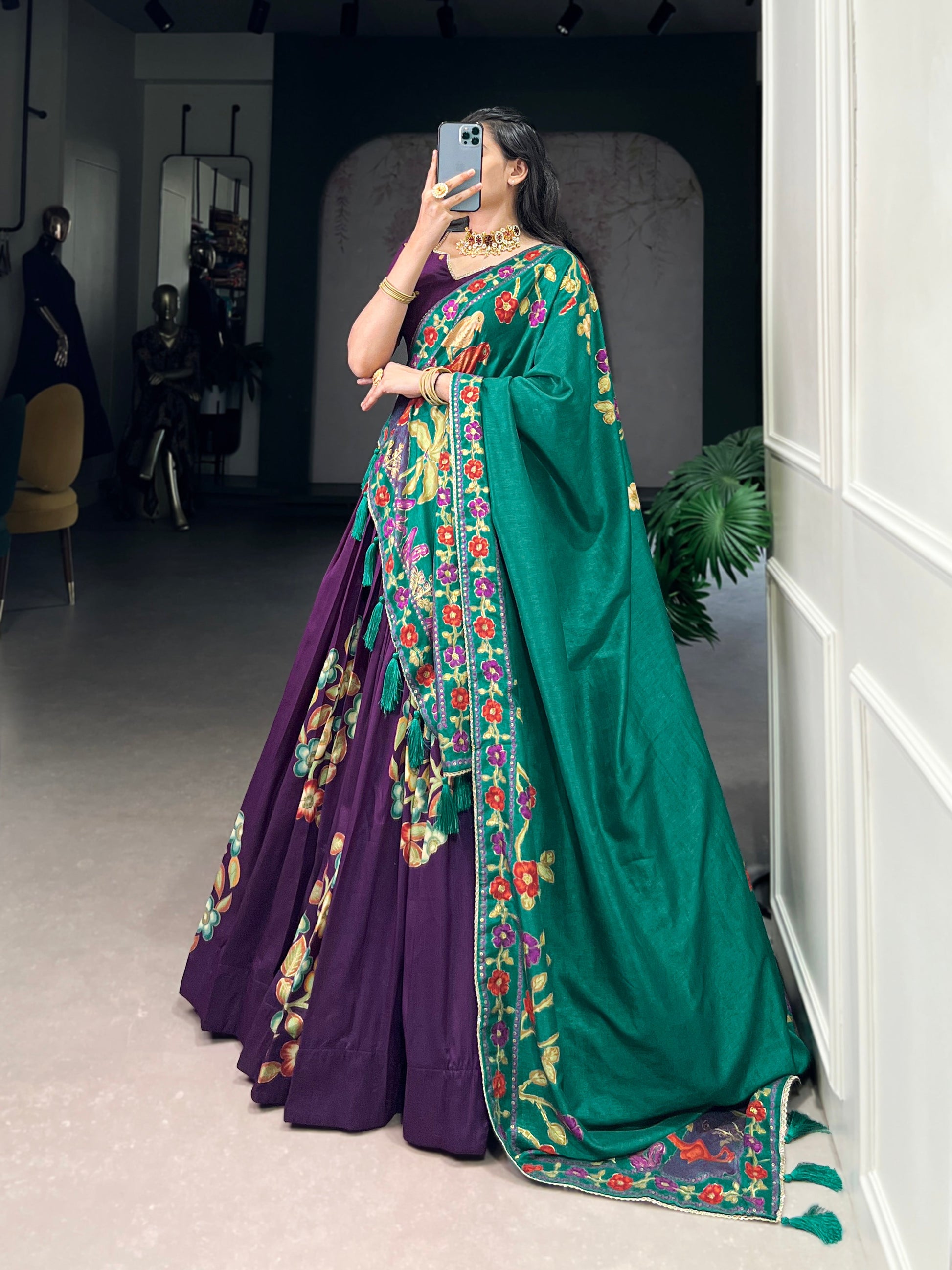 Lorenvalley Purple Tussar Silk Printed And Foil Work With Lace Touch Up Lehenga Choli with Dupatta | Swadesiicart